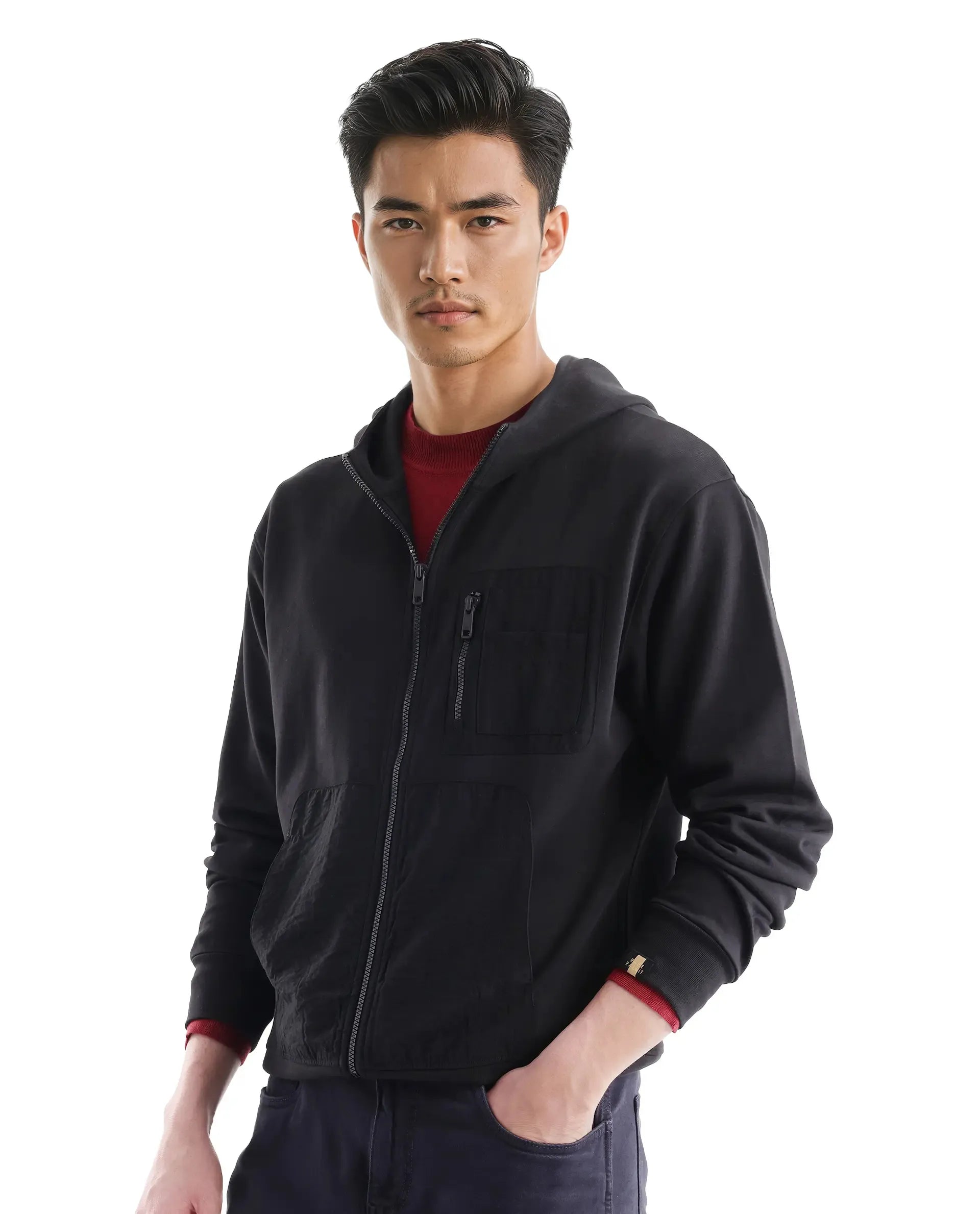 Rare Rabbit Men Hobbs Black Cotton Poly Fabric Full Sleeve Regular Fit Hooded Solid Sweatshirt