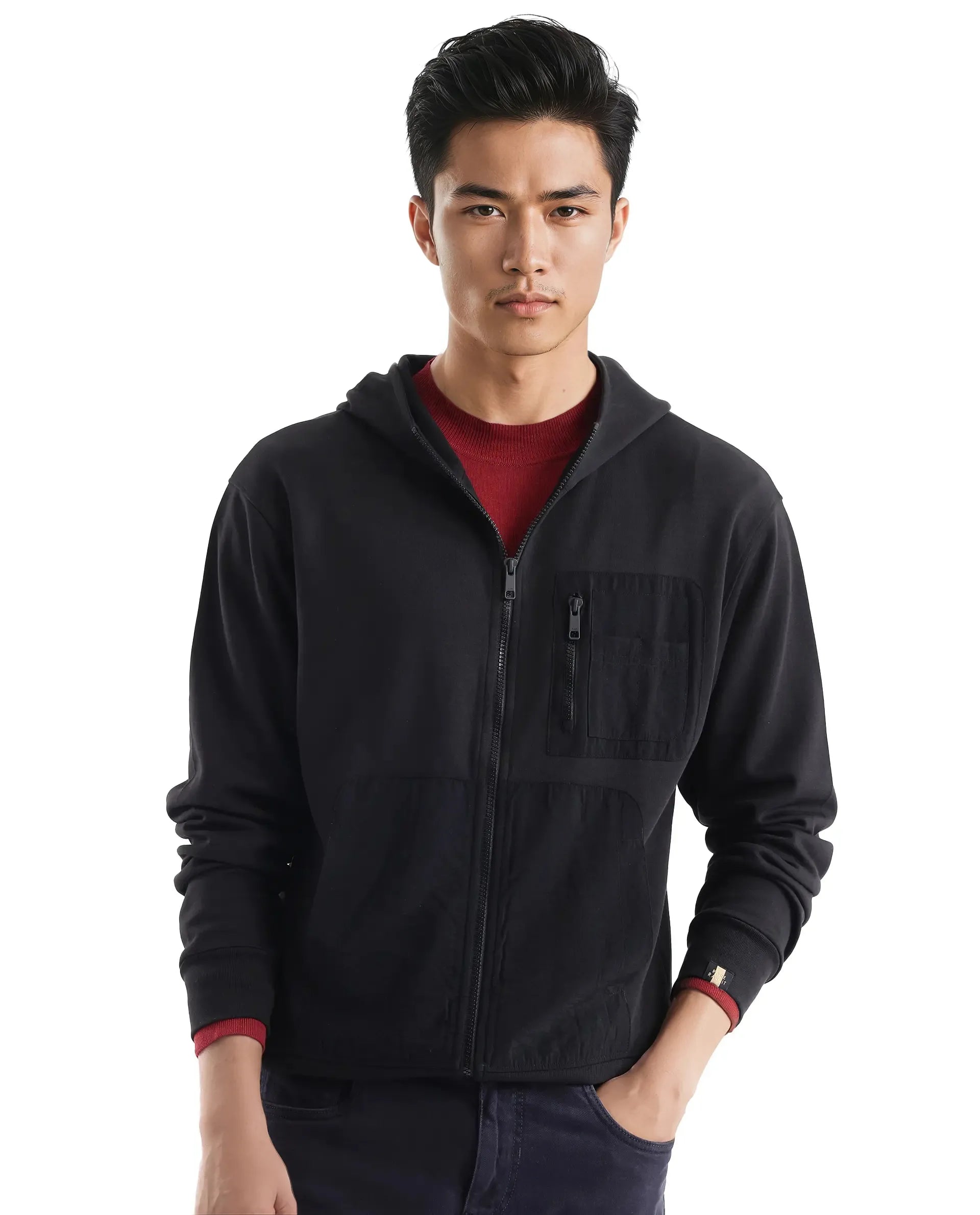 Rare Rabbit Men Hobbs Black Cotton Poly Fabric Full Sleeve Regular Fit Hooded Solid Sweatshirt