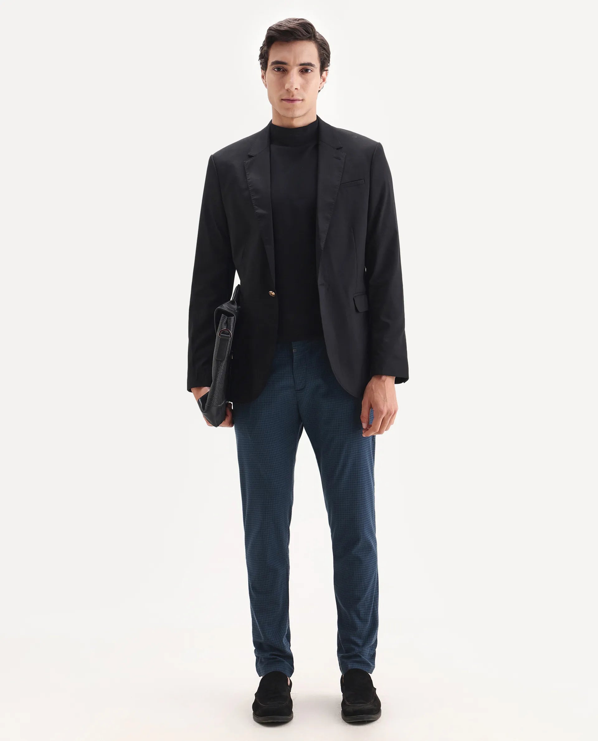 Rare Rabbit Men's Hobbs Petrol Cotton Checked Print Regular Fit Trouser