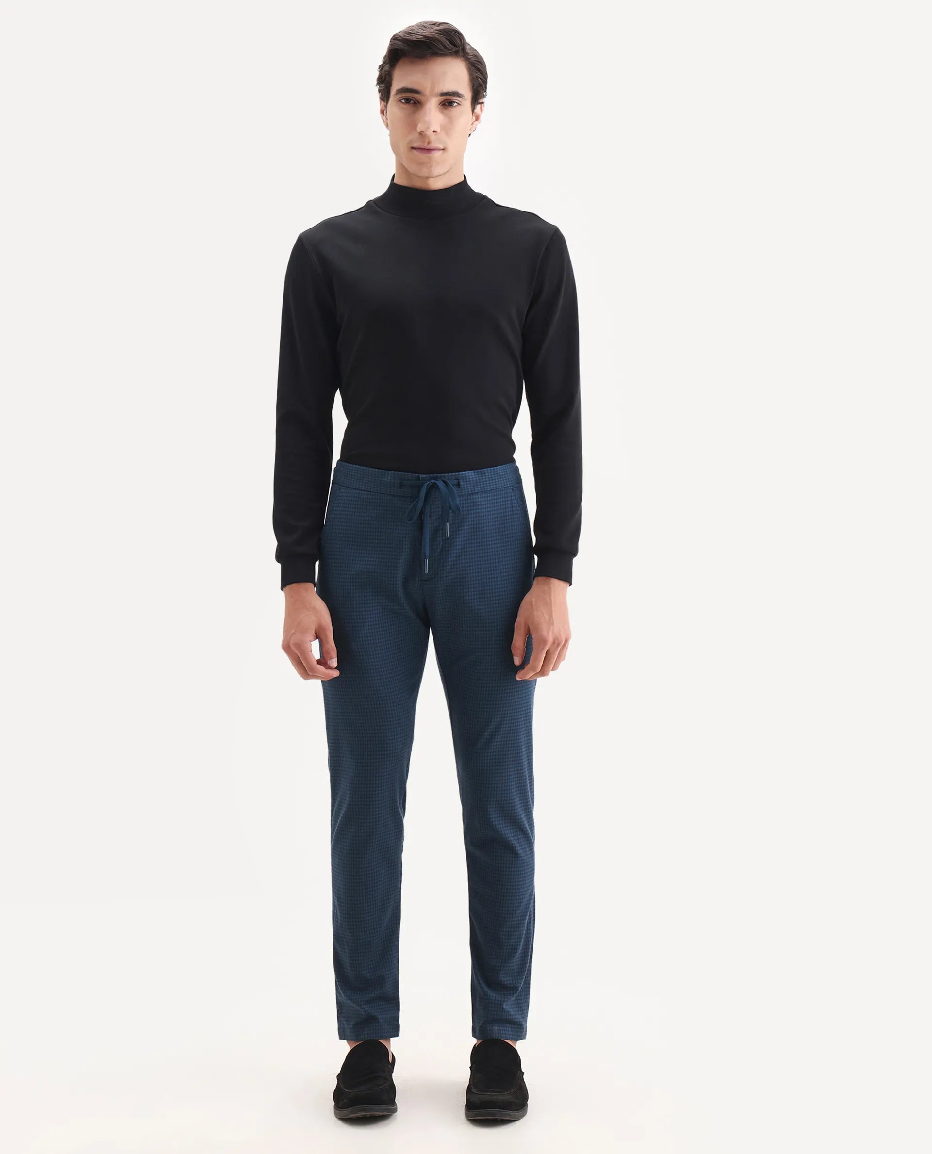 Rare Rabbit Men's Hobbs Petrol Cotton Checked Print Regular Fit Trouser