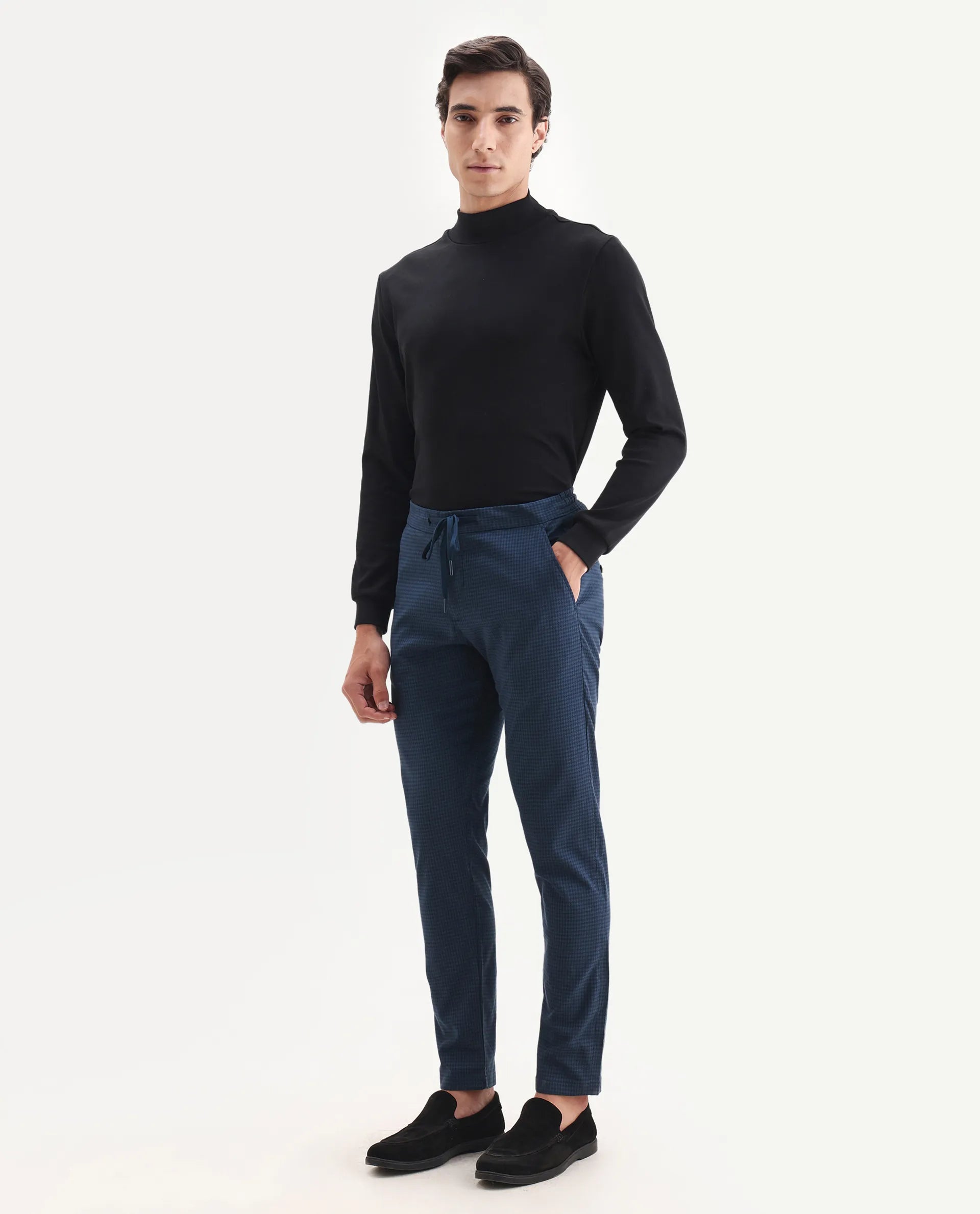 Rare Rabbit Men's Hobbs Petrol Cotton Checked Print Regular Fit Trouser