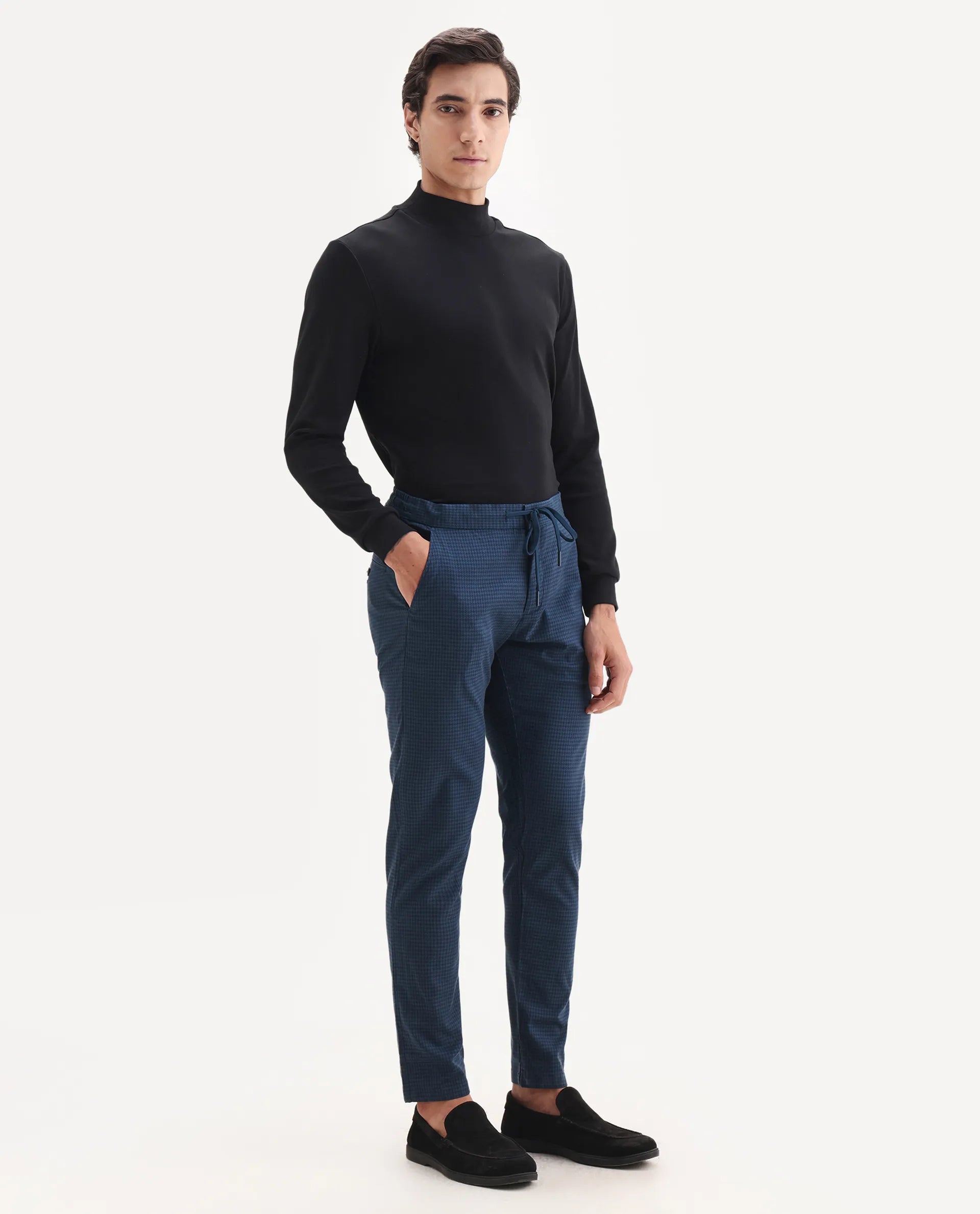 Rare Rabbit Men's Hobbs Petrol Cotton Checked Print Regular Fit Trouser