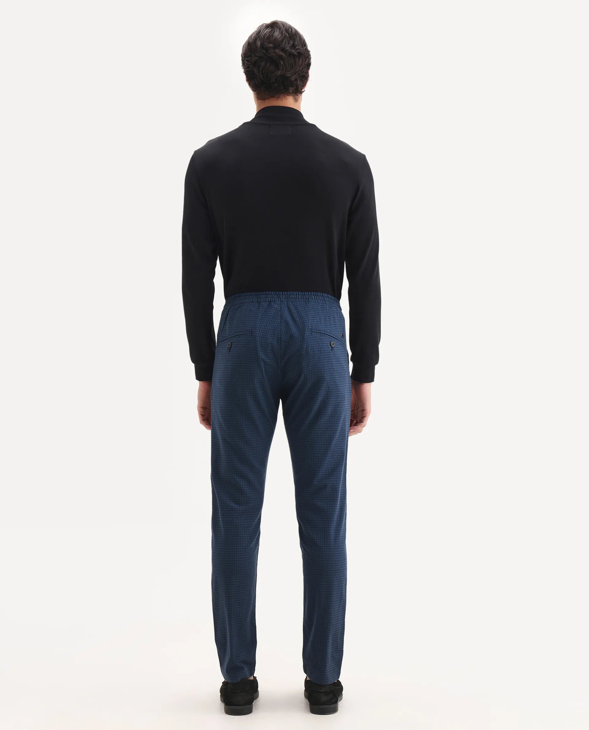 Rare Rabbit Men's Hobbs Petrol Cotton Checked Print Regular Fit Trouser