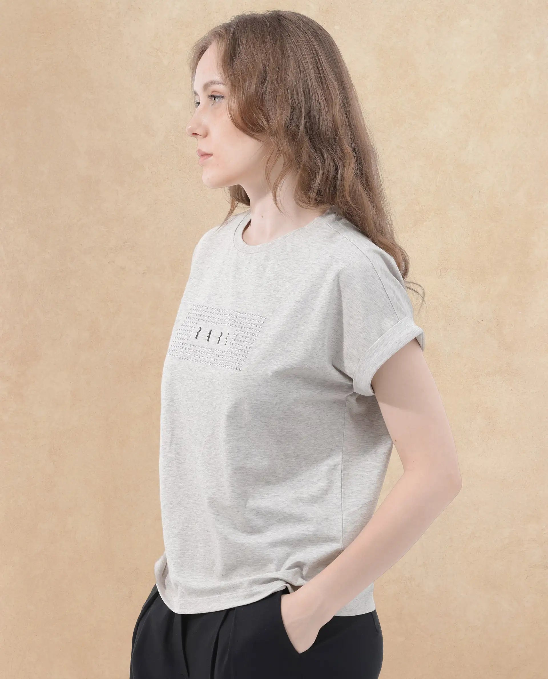 Rareism Women's Hoet Melange Grey Cotton Blend Crew Neck Graphic Print Short Sleeves Regular Fit T-Shirt