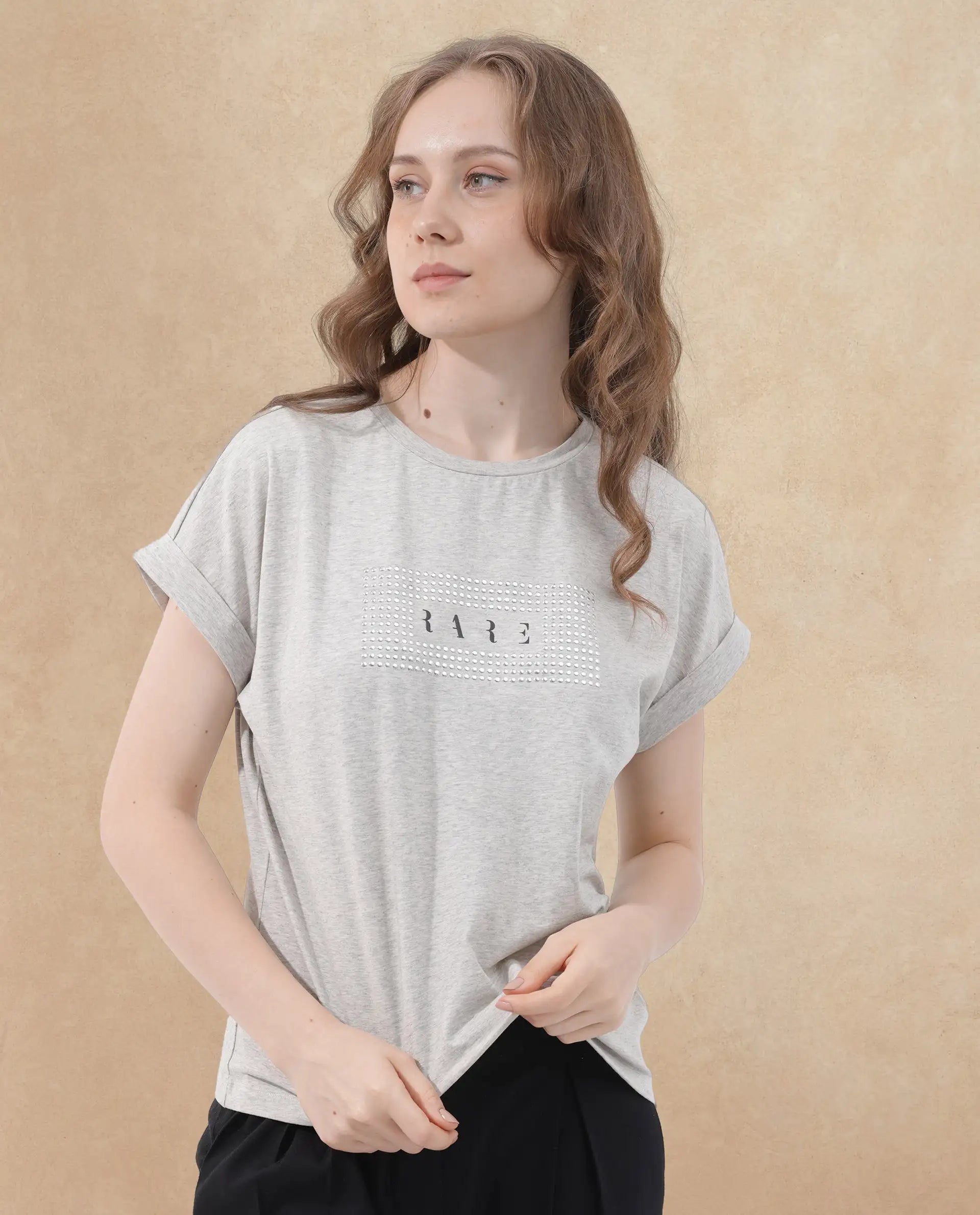 Rareism Women's Hoet Melange Grey Cotton Blend Crew Neck Graphic Print Short Sleeves Regular Fit T-Shirt