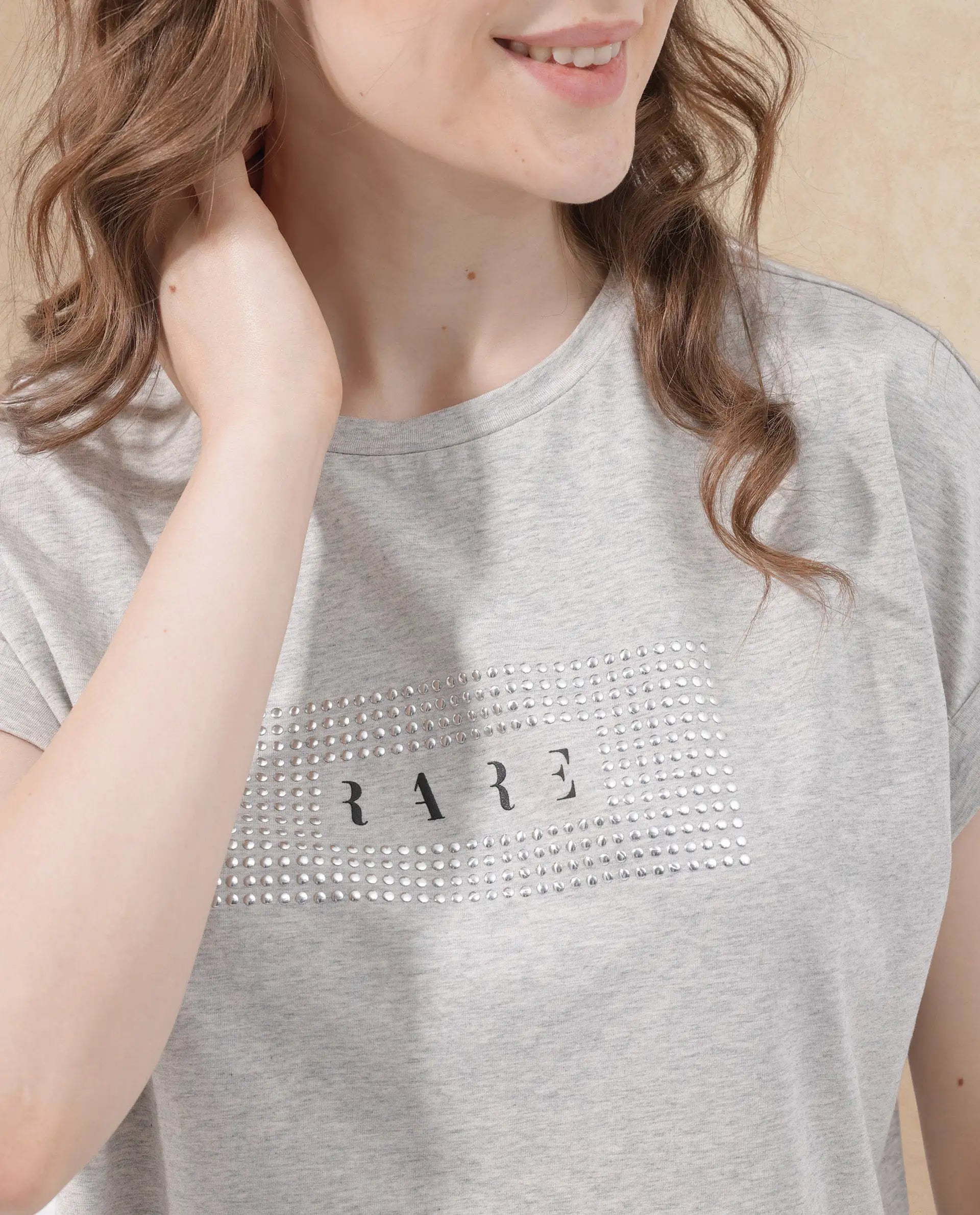 Rareism Women's Hoet Melange Grey Cotton Blend Crew Neck Graphic Print Short Sleeves Regular Fit T-Shirt