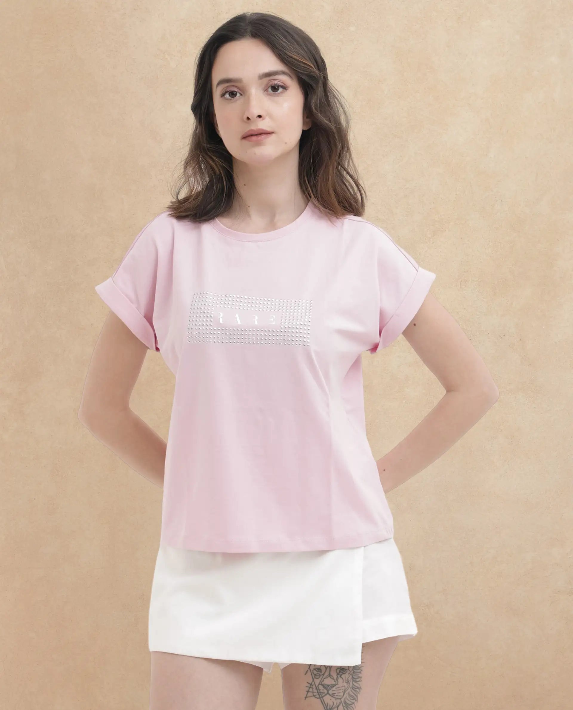 Rareism Women's Hoet Pink Cotton Blend Crew Neck Graphic Print Extended Sleeves Regular Fit T-Shirt