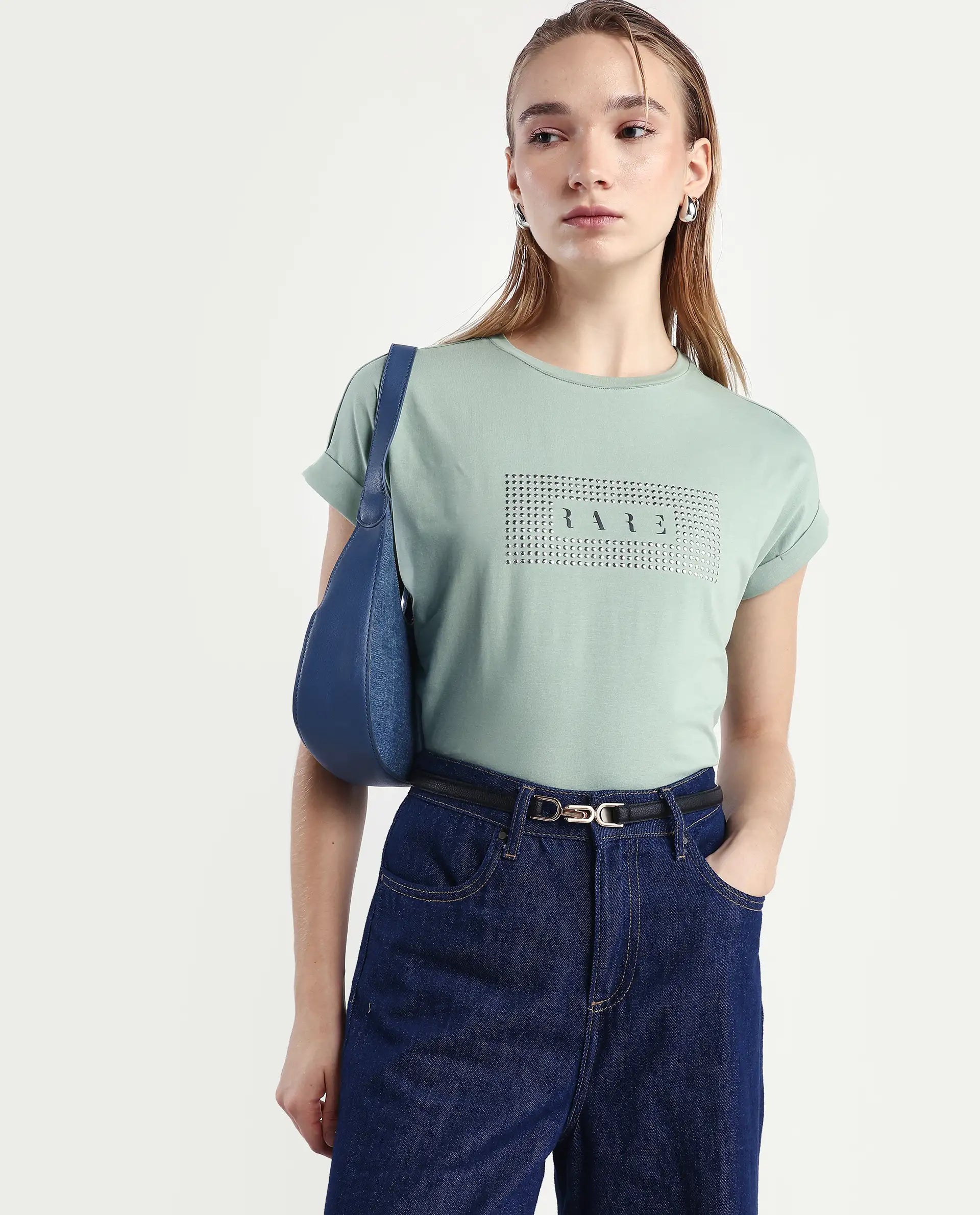 Rareism Women's Hoet Green Cotton Blend Crew Neck Graphic Print Extended Sleeves Regular Fit T-Shirt