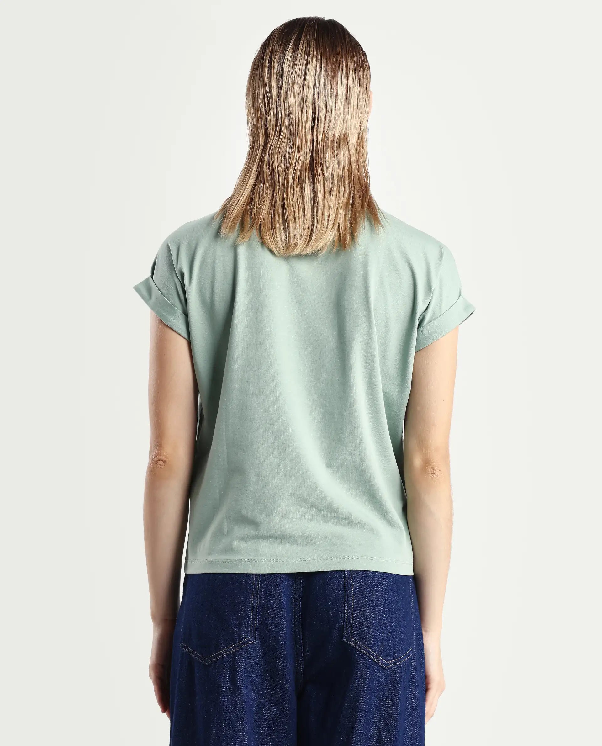 Rareism Women's Hoet Green Cotton Blend Crew Neck Graphic Print Extended Sleeves Regular Fit T-Shirt