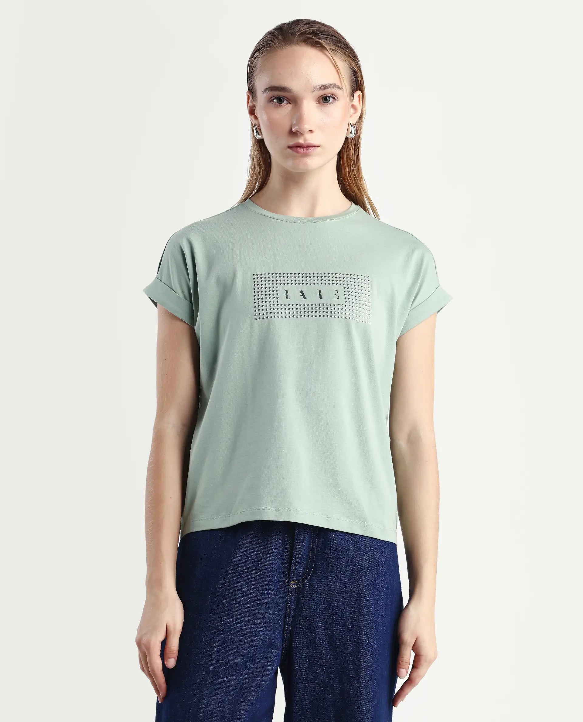 Rareism Women's Hoet Green Cotton Blend Crew Neck Graphic Print Extended Sleeves Regular Fit T-Shirt