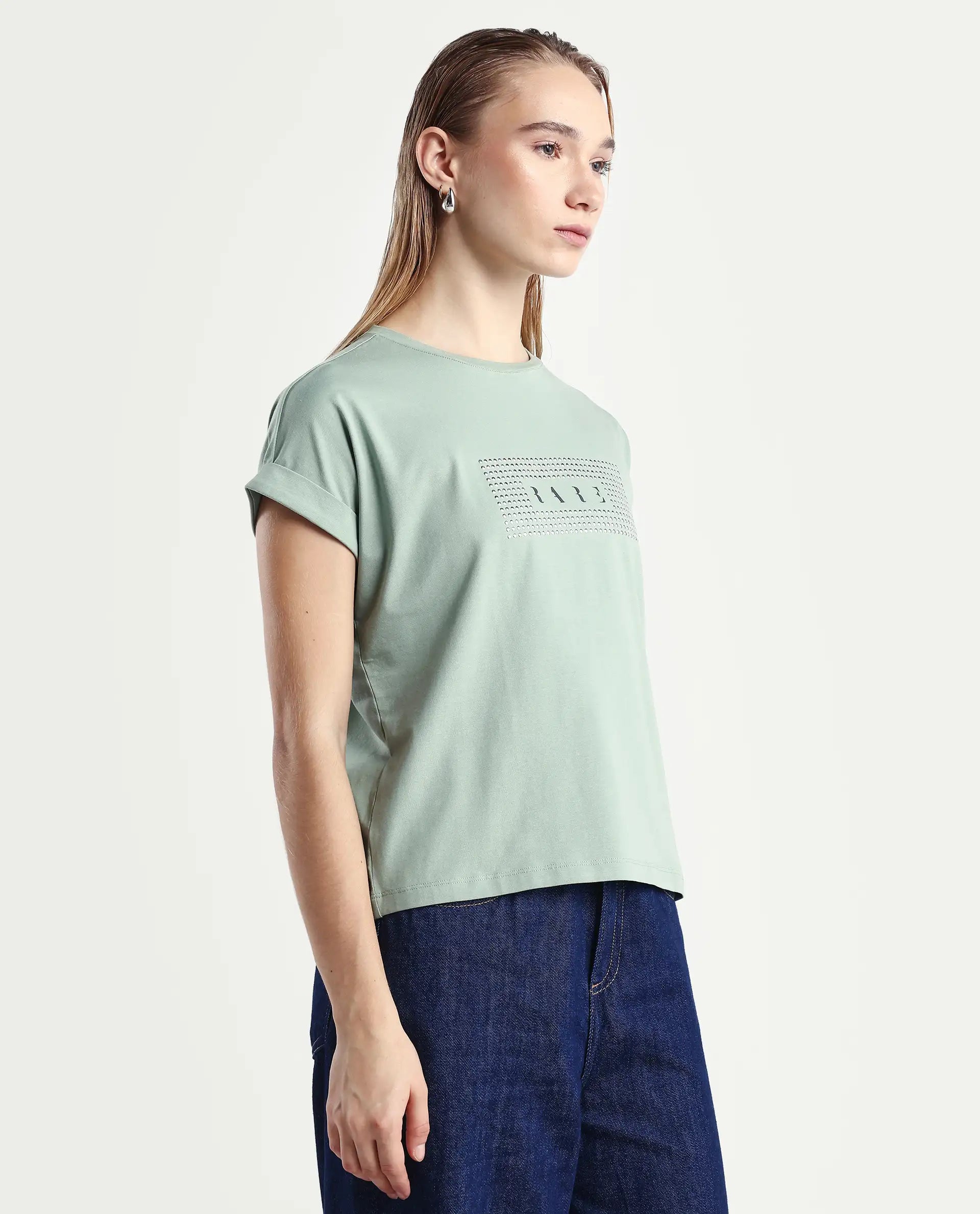 Rareism Women's Hoet Green Cotton Blend Crew Neck Graphic Print Extended Sleeves Regular Fit T-Shirt