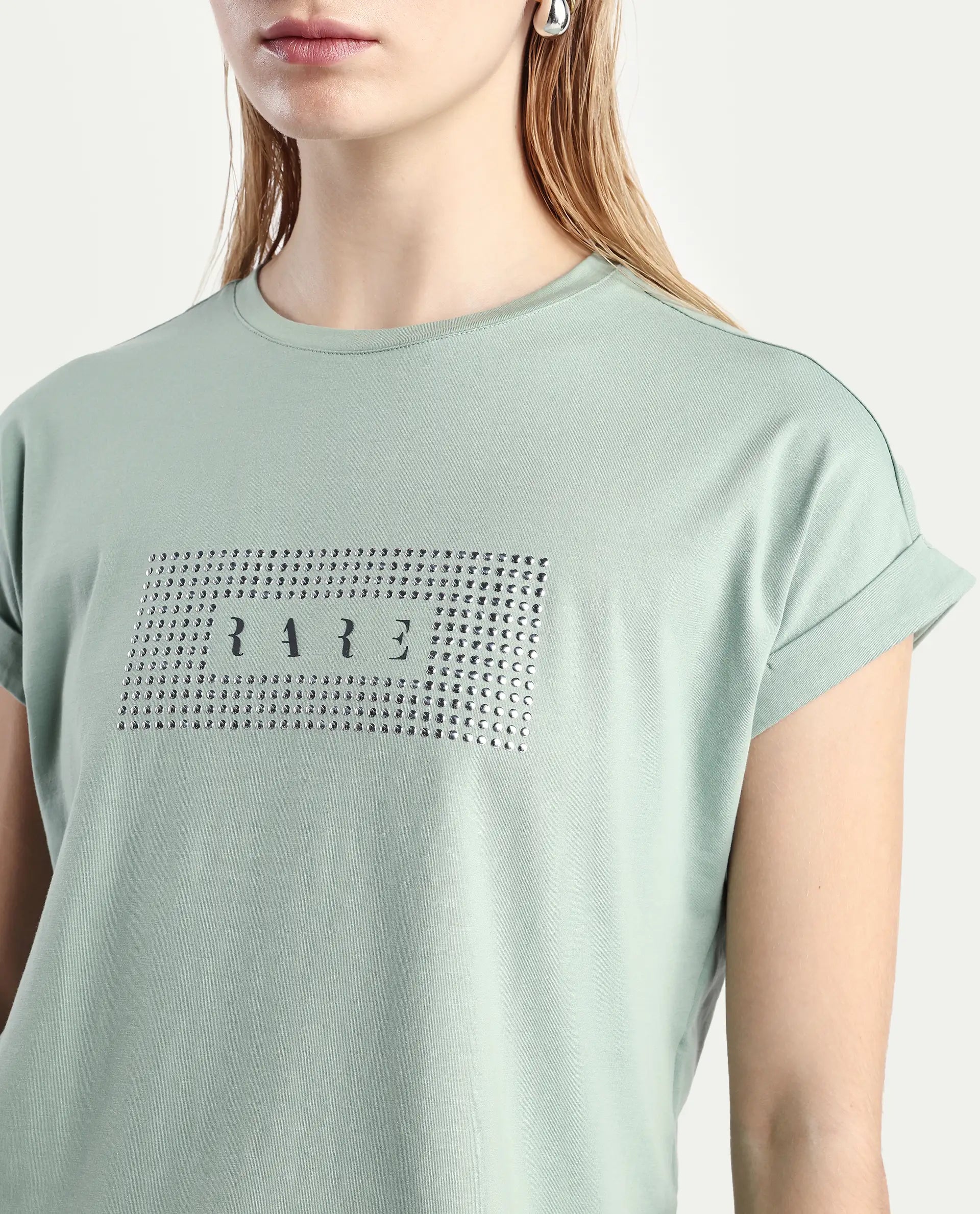 Rareism Women's Hoet Green Cotton Blend Crew Neck Graphic Print Extended Sleeves Regular Fit T-Shirt