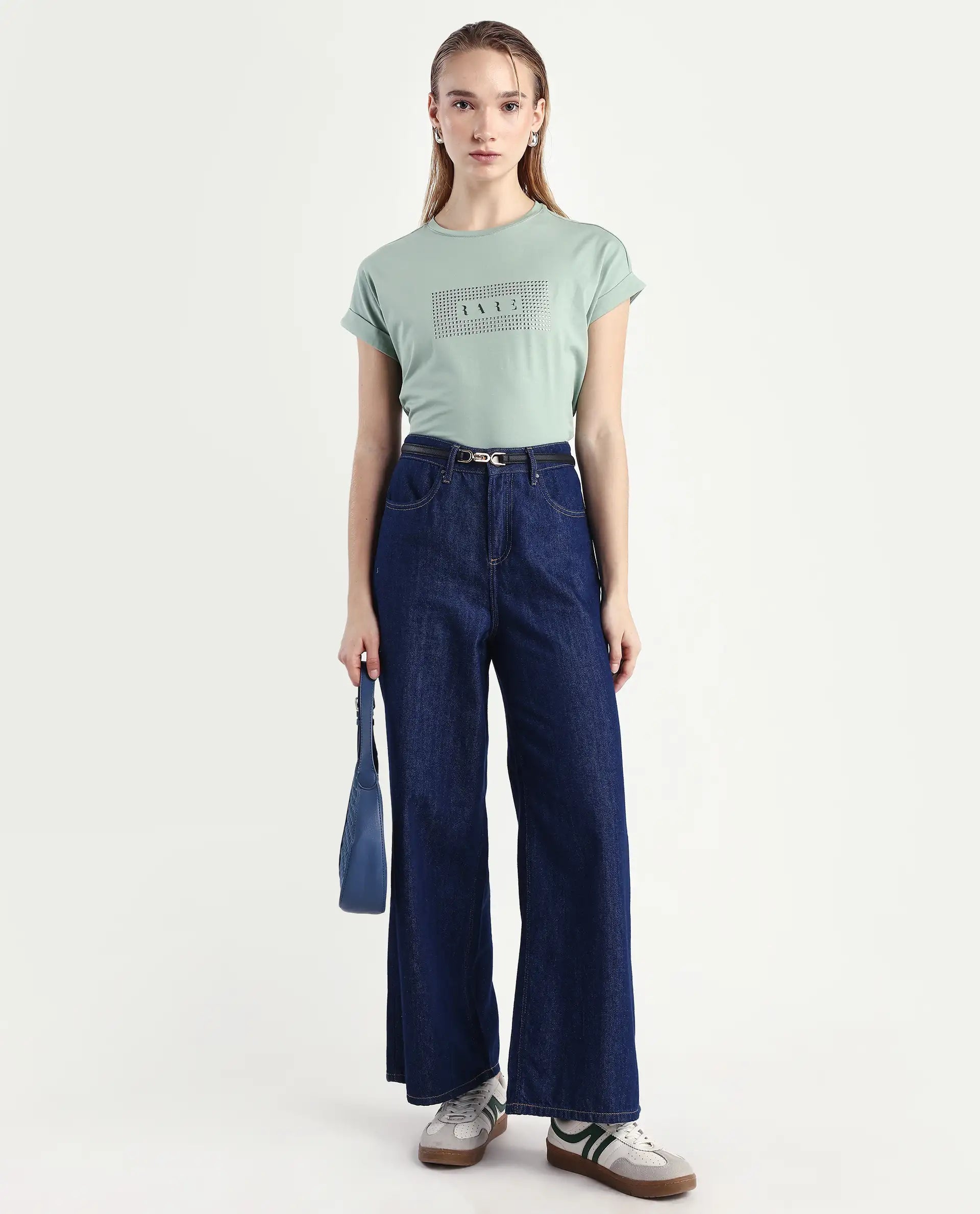 Rareism Women's Hoet Green Cotton Blend Crew Neck Graphic Print Extended Sleeves Regular Fit T-Shirt