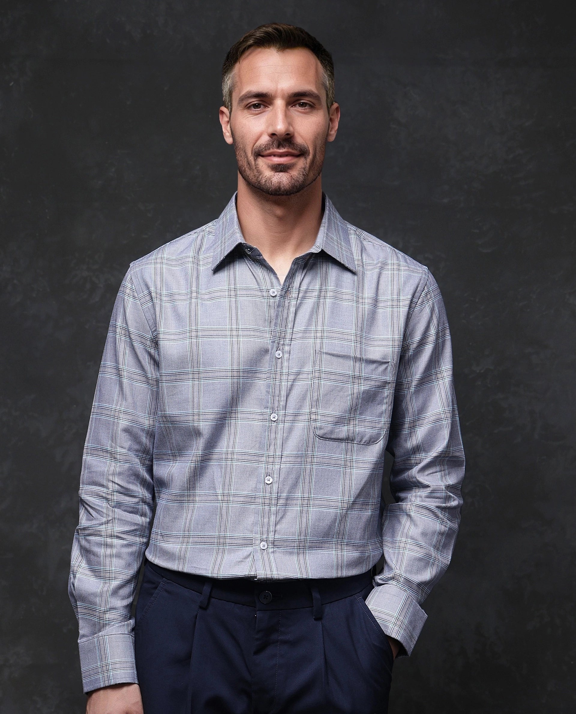 Rare Rabbit Men Hoff Navy Cotton Fabric Full Sleeve Regular Fit Button Closure Checks Shirt