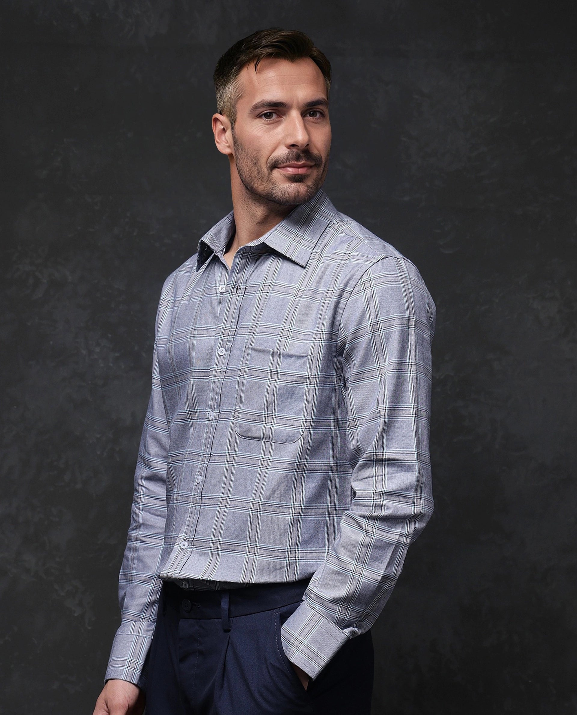 Rare Rabbit Men Hoff Navy Cotton Fabric Full Sleeve Regular Fit Button Closure Checks Shirt