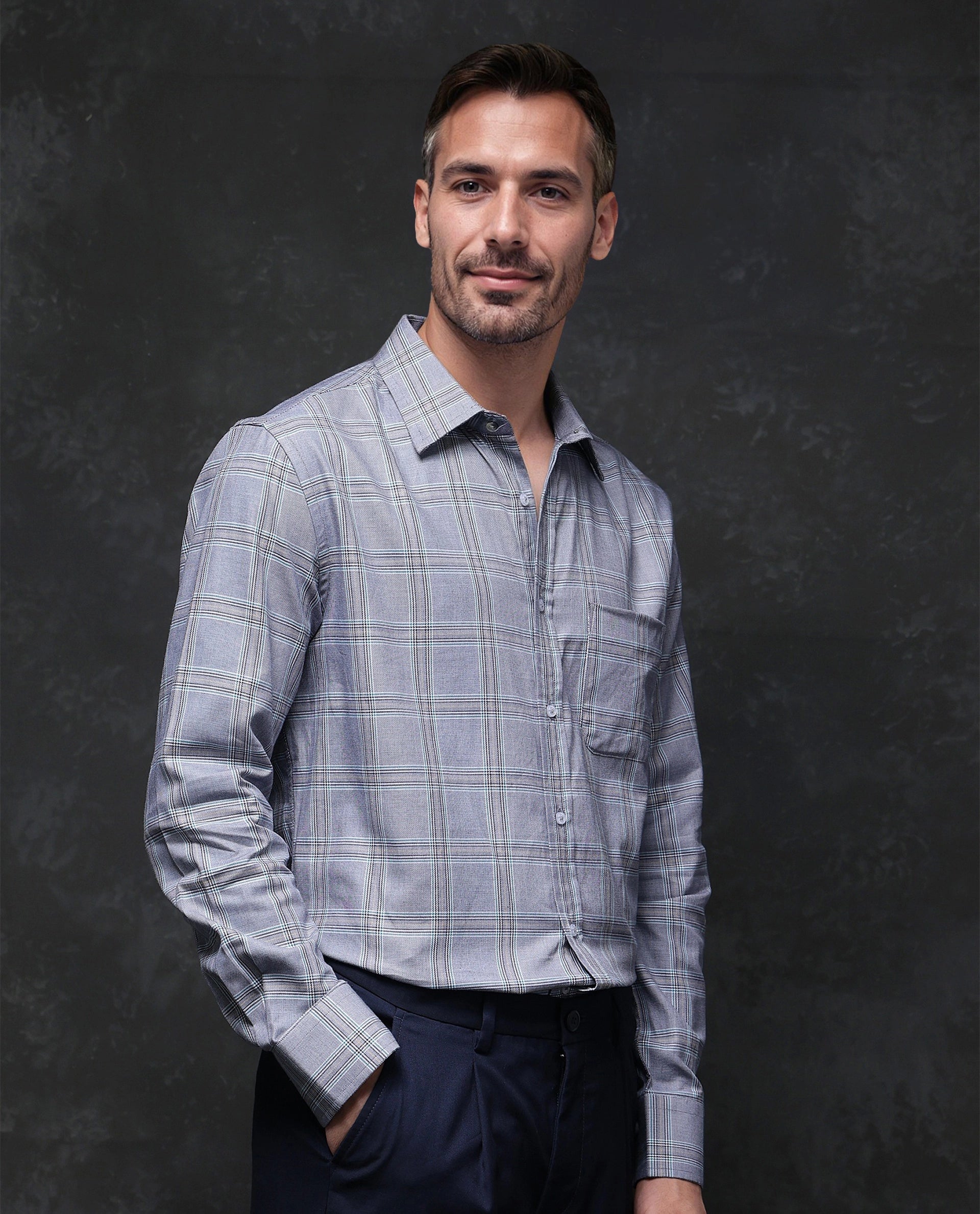 Rare Rabbit Men Hoff Navy Cotton Fabric Full Sleeve Regular Fit Button Closure Checks Shirt