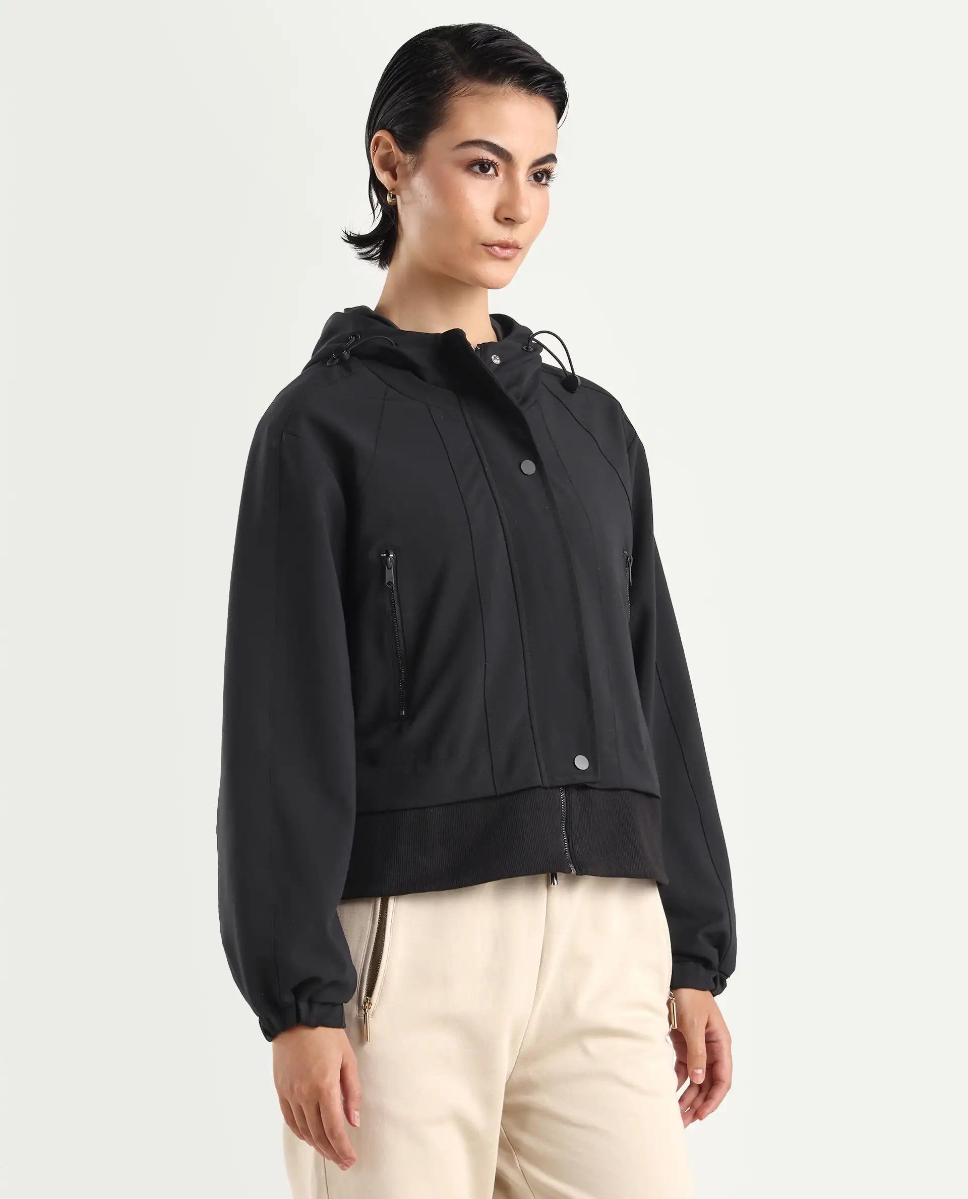 Rareism Women's Hoian Black Spread Collar Plain Ribbed Sleeve Boxy Fit Jacket