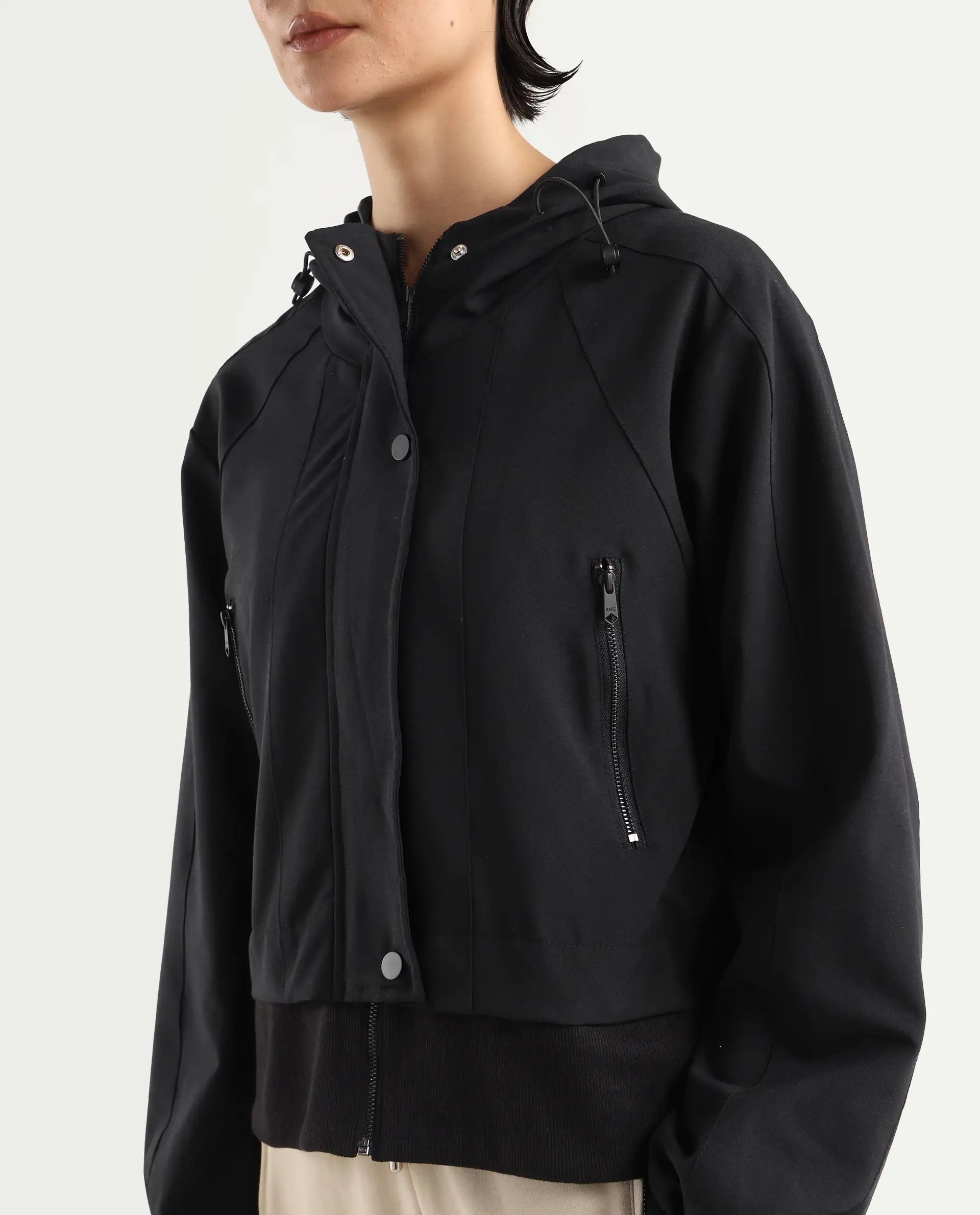 Rareism Women's Hoian Black Spread Collar Plain Ribbed Sleeve Boxy Fit Jacket