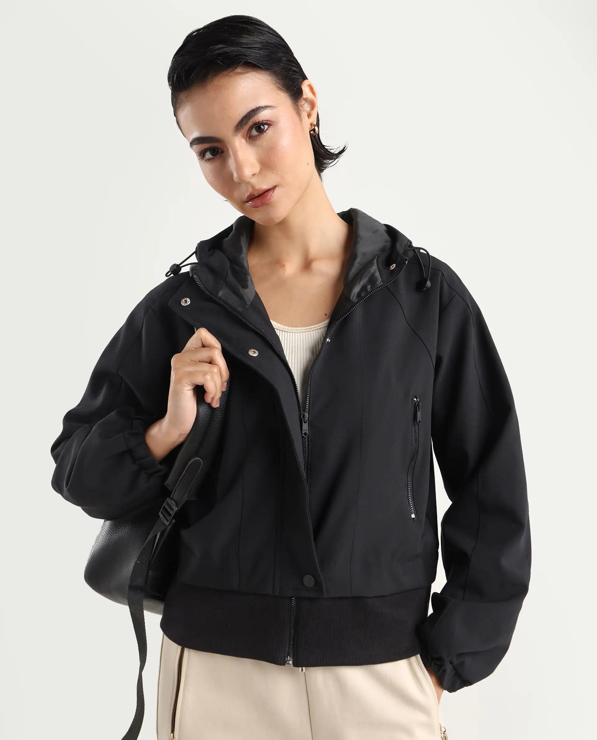 Rareism Women's Hoian Black Spread Collar Plain Ribbed Sleeve Boxy Fit Jacket