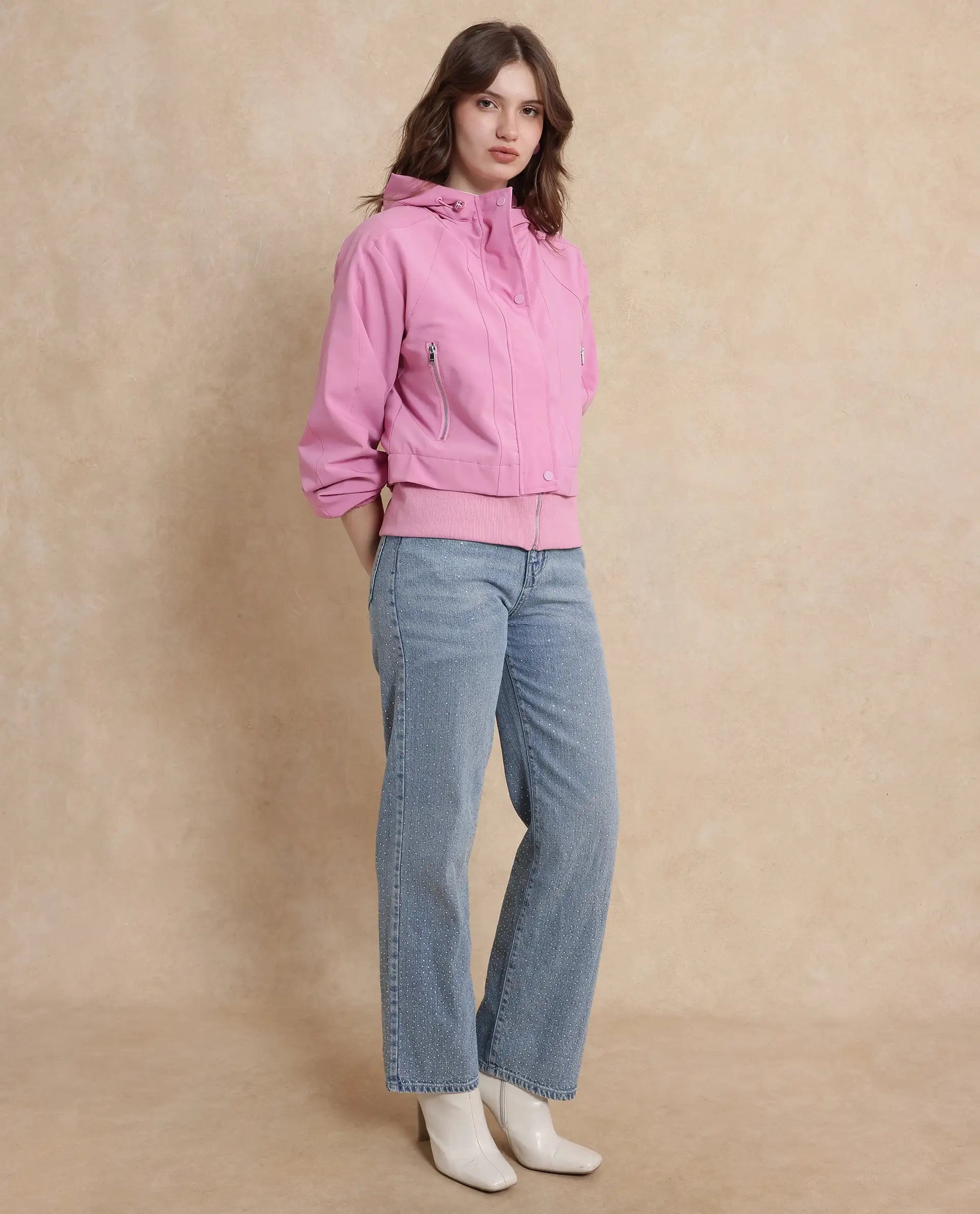 Rareism Women Hoian Dusky Pink Ribbed Sleeve Stand Collar Zipper Closure Boxy Fit Plain Jacket