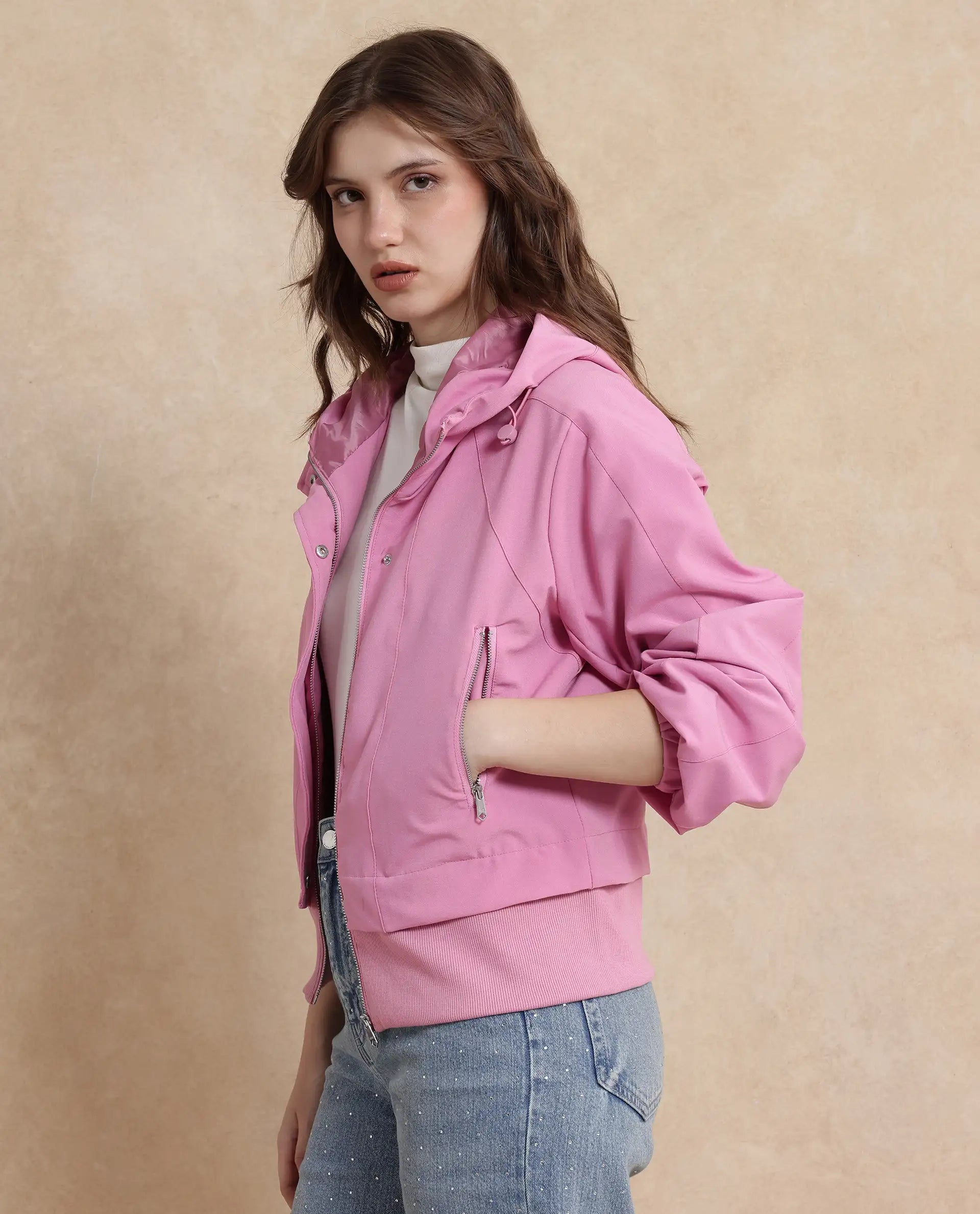 Rareism Women Hoian Dusky Pink Ribbed Sleeve Stand Collar Zipper Closure Boxy Fit Plain Jacket