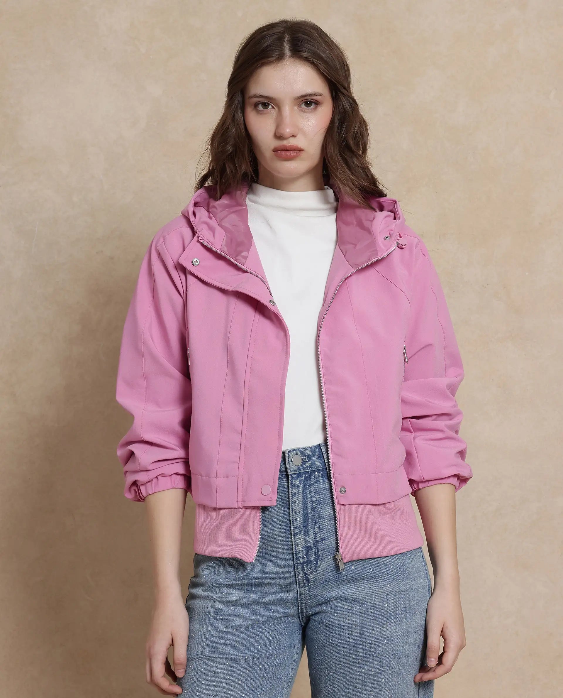 Rareism Women Hoian Dusky Pink Ribbed Sleeve Stand Collar Zipper Closure Boxy Fit Plain Jacket