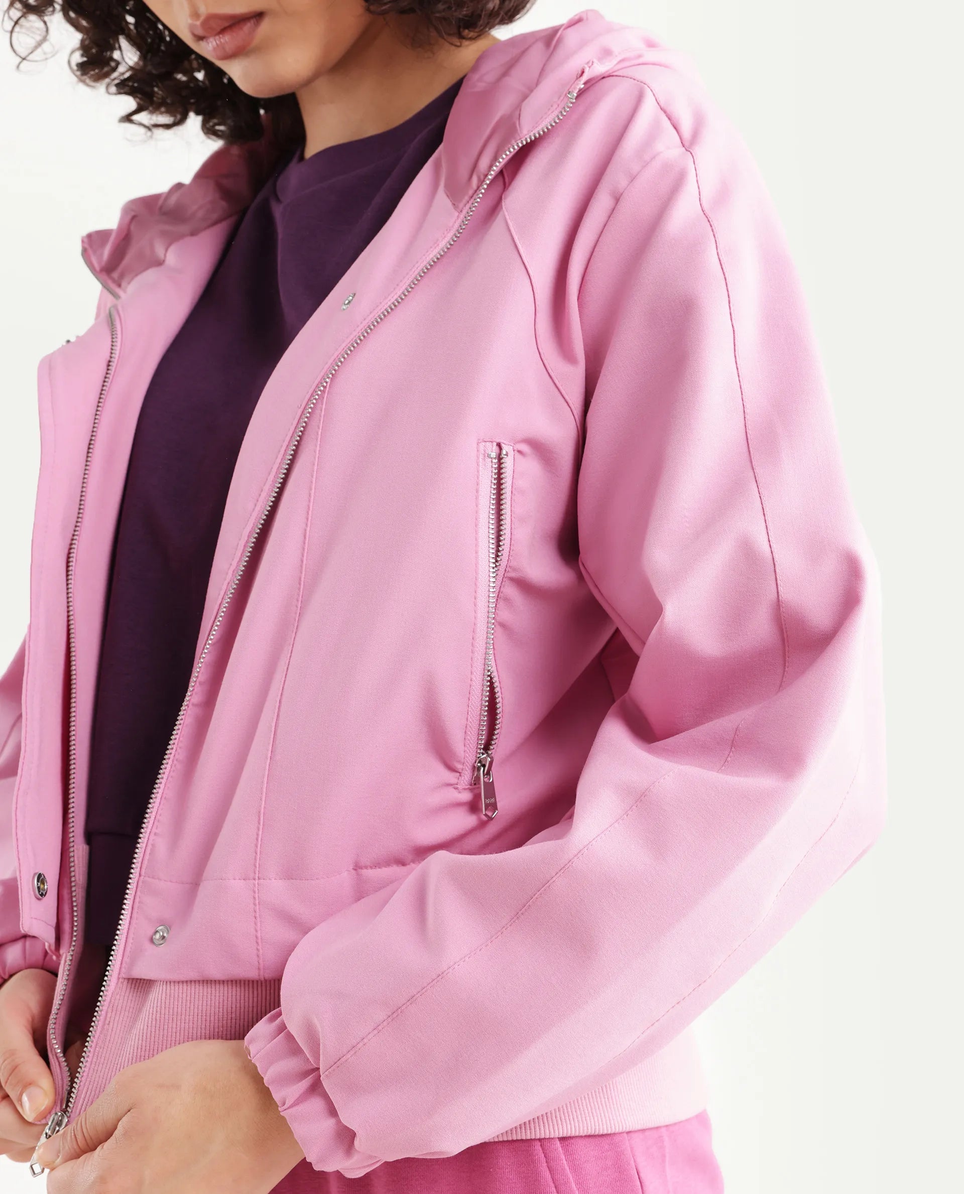 Rareism Women's Hoian Dusky Pink Cotton Stand Collar Plain Ribbed Sleeve Boxy Fit Jacket