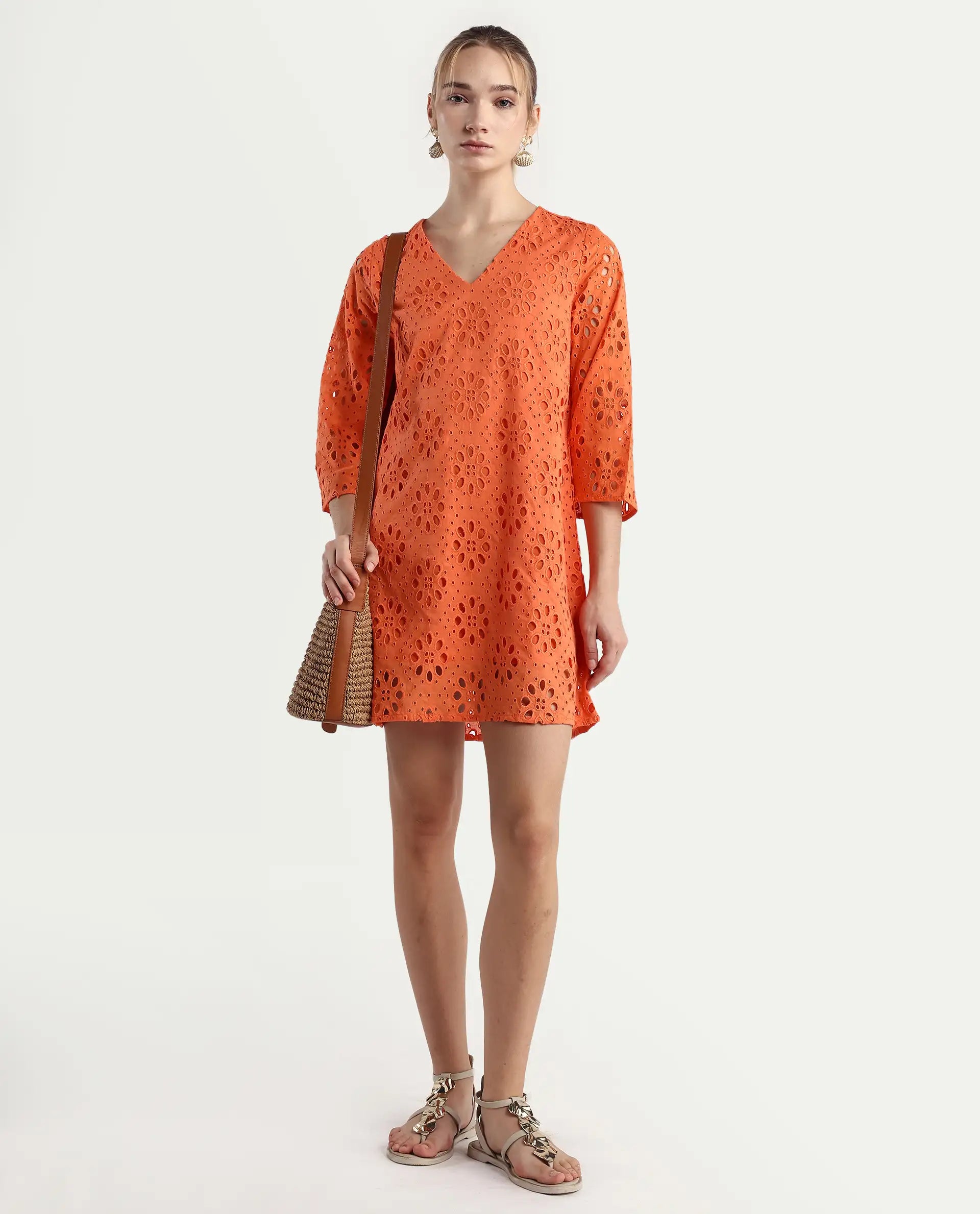Rareism Women's Hoiter Orange Cotton V-Neck Plain Bell Sleeve Mini A-Line Dress
