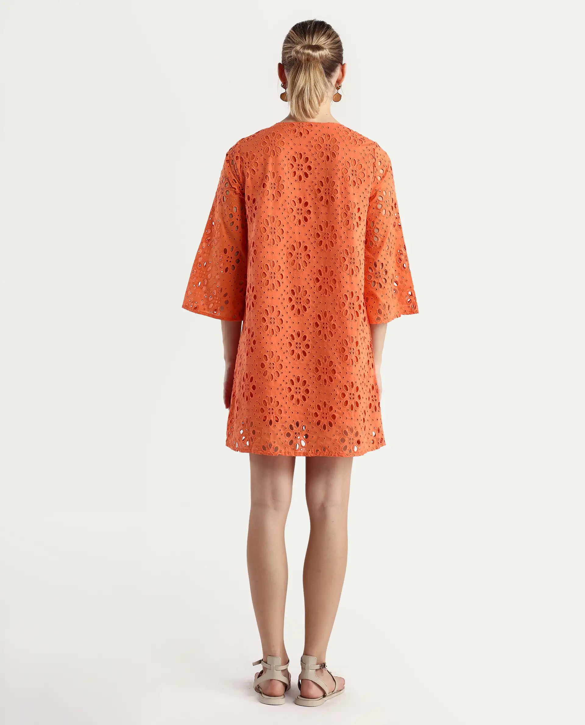 Rareism Women's Hoiter Orange Cotton V-Neck Plain Bell Sleeve Mini A-Line Dress