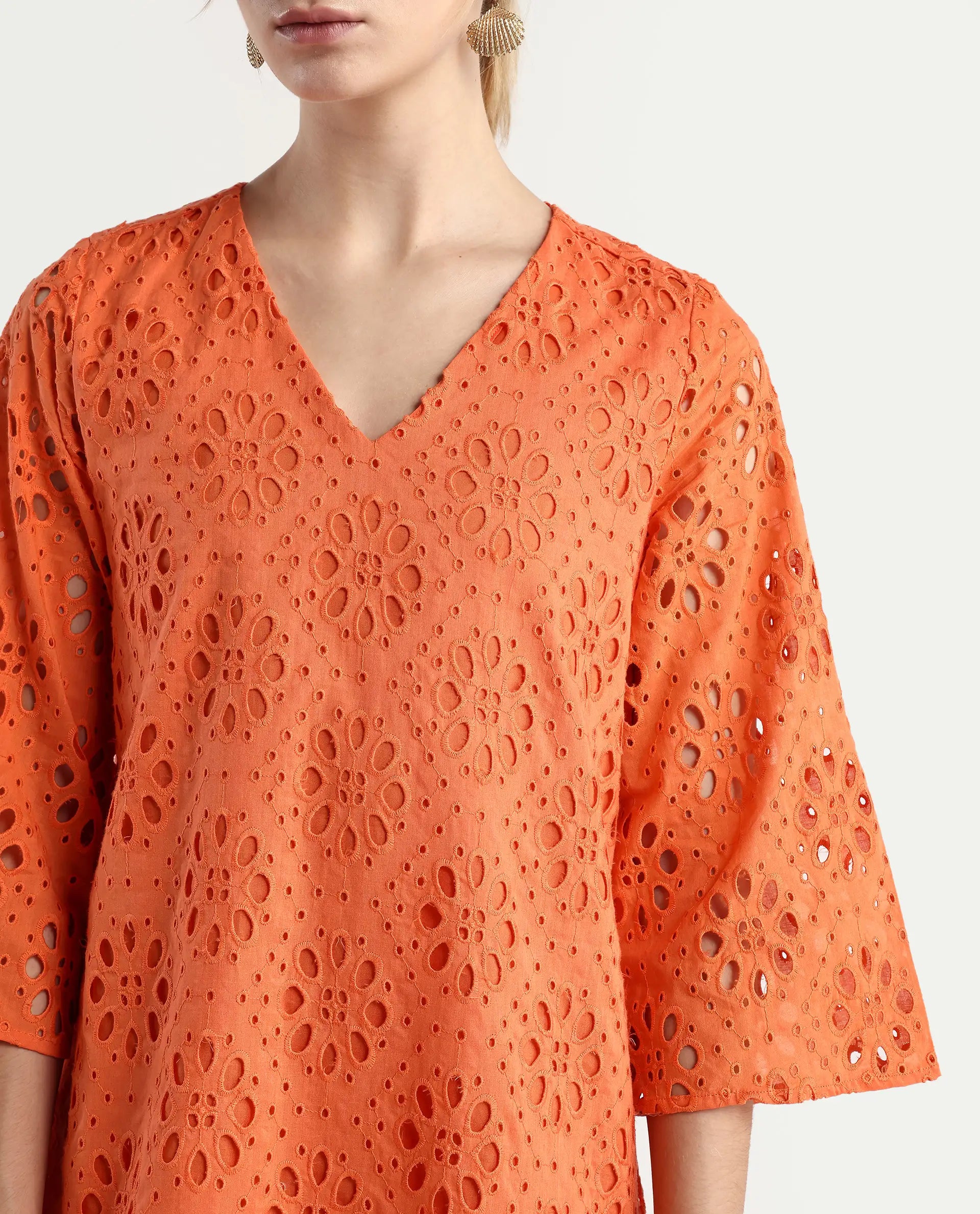 Rareism Women's Hoiter Orange Cotton V-Neck Plain Bell Sleeve Mini A-Line Dress