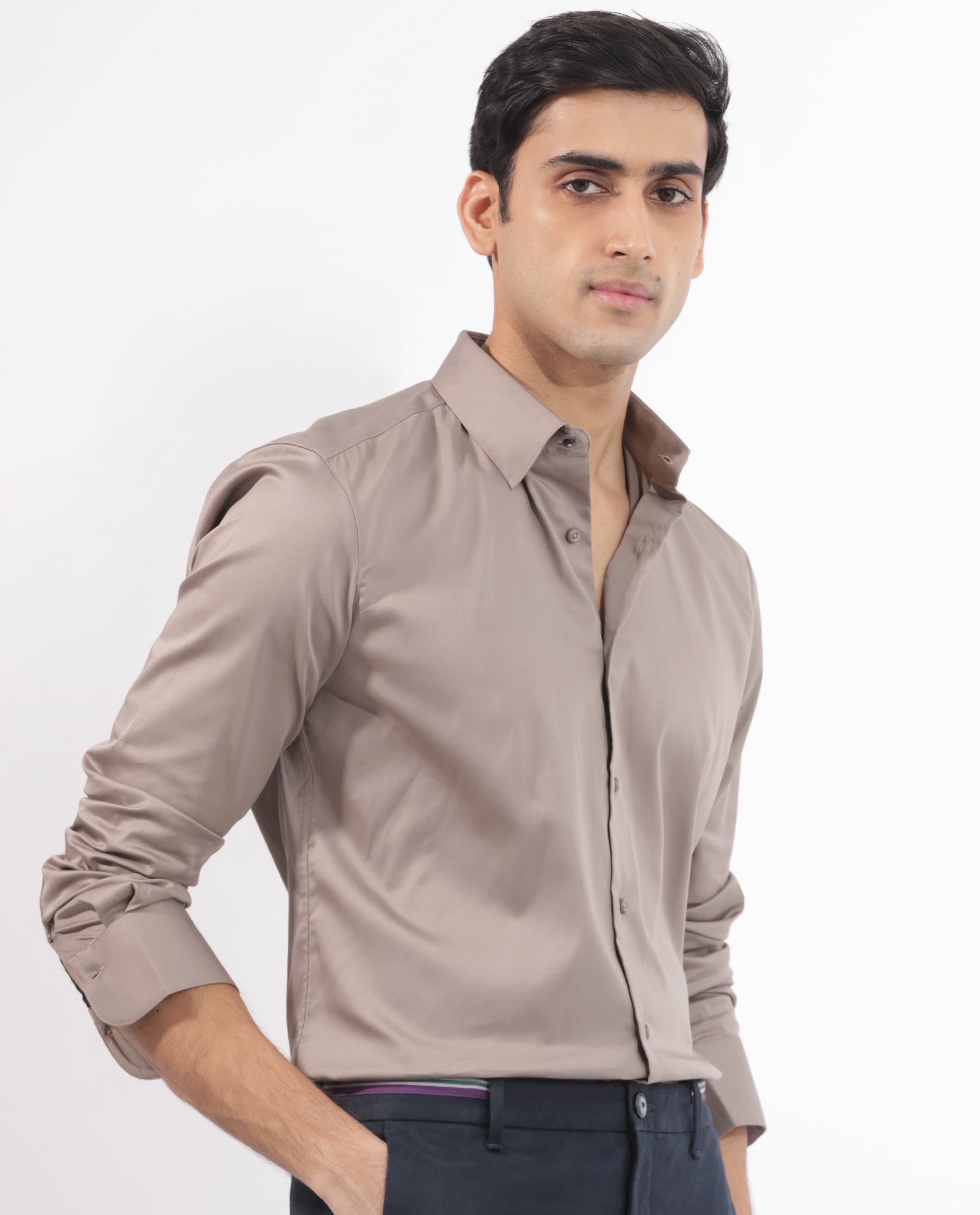 Rare Rabbit Men's Holand Beige Satin Fabric Full Sleeves Solid Shirt