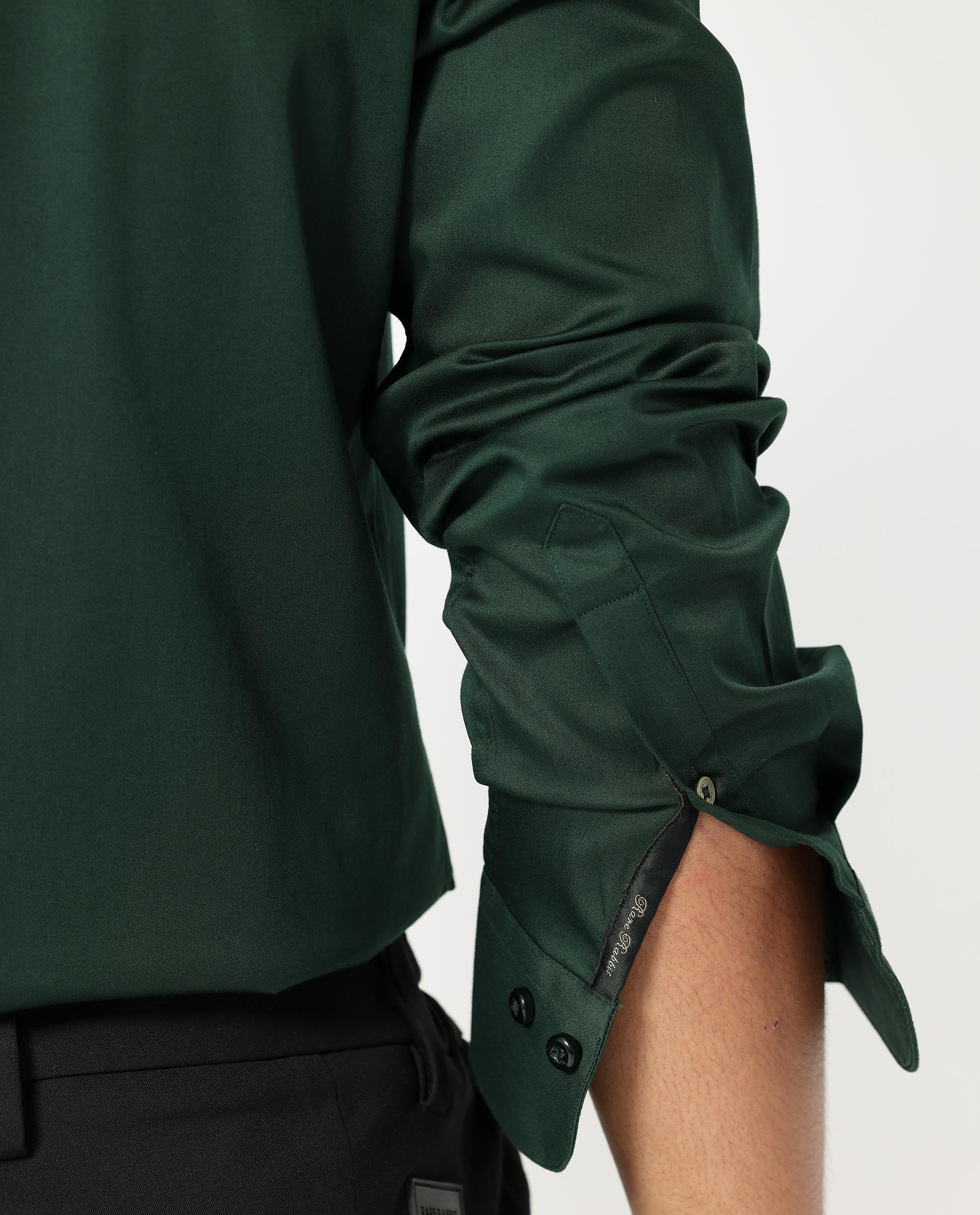 Rare Rabbit Men's Holand Dark Olive Satin Fabric Full Sleeves Solid Shirt