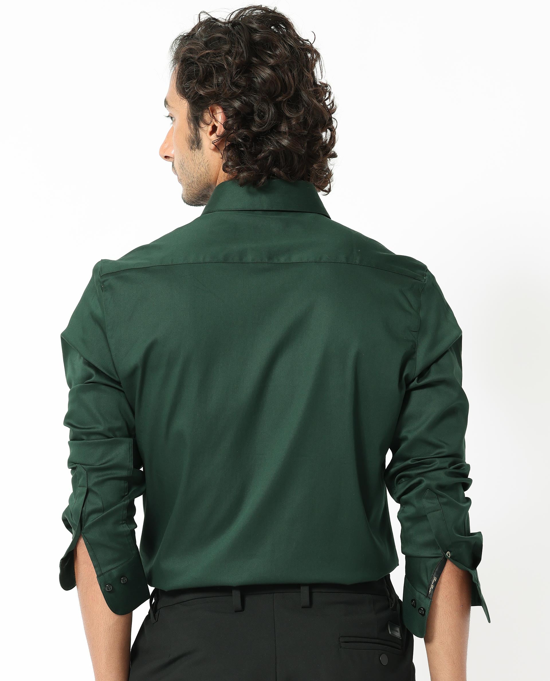 Rare Rabbit Men's Holand Dark Olive Satin Fabric Full Sleeves Solid Shirt