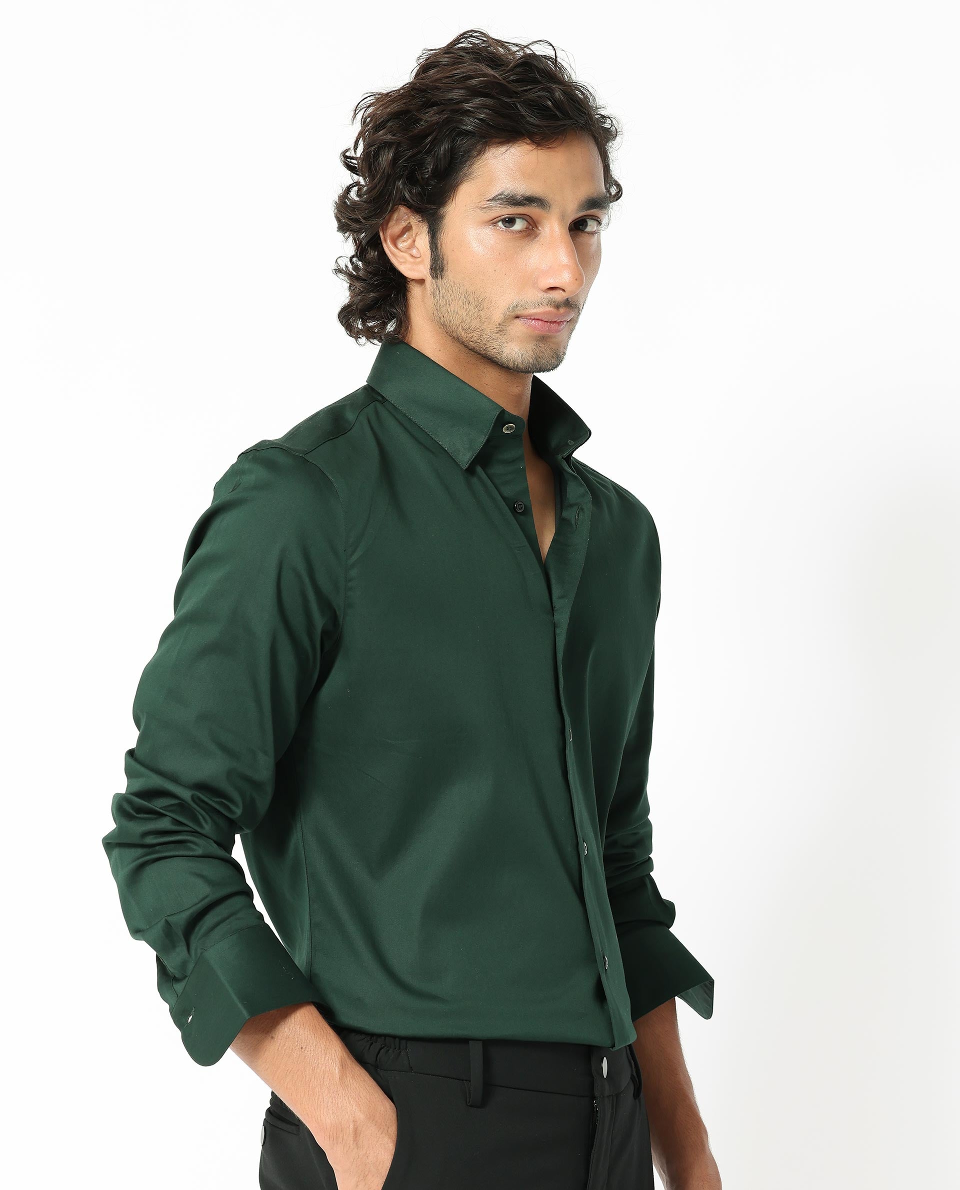 Rare Rabbit Men's Holand Dark Olive Satin Fabric Full Sleeves Solid Shirt