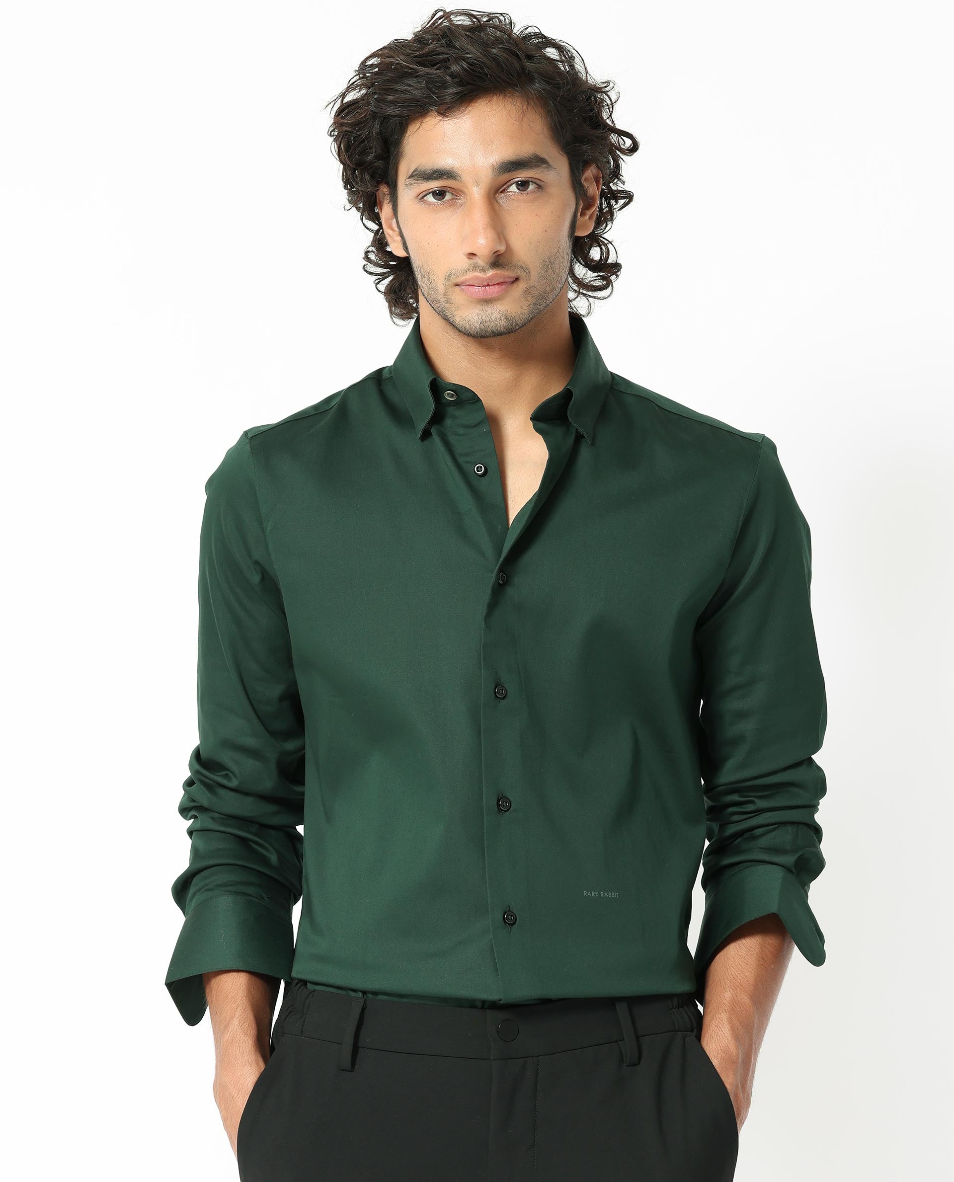 Rare Rabbit Men's Holand Dark Olive Satin Plain Regular Fit Full Sleeve Collared Shirt