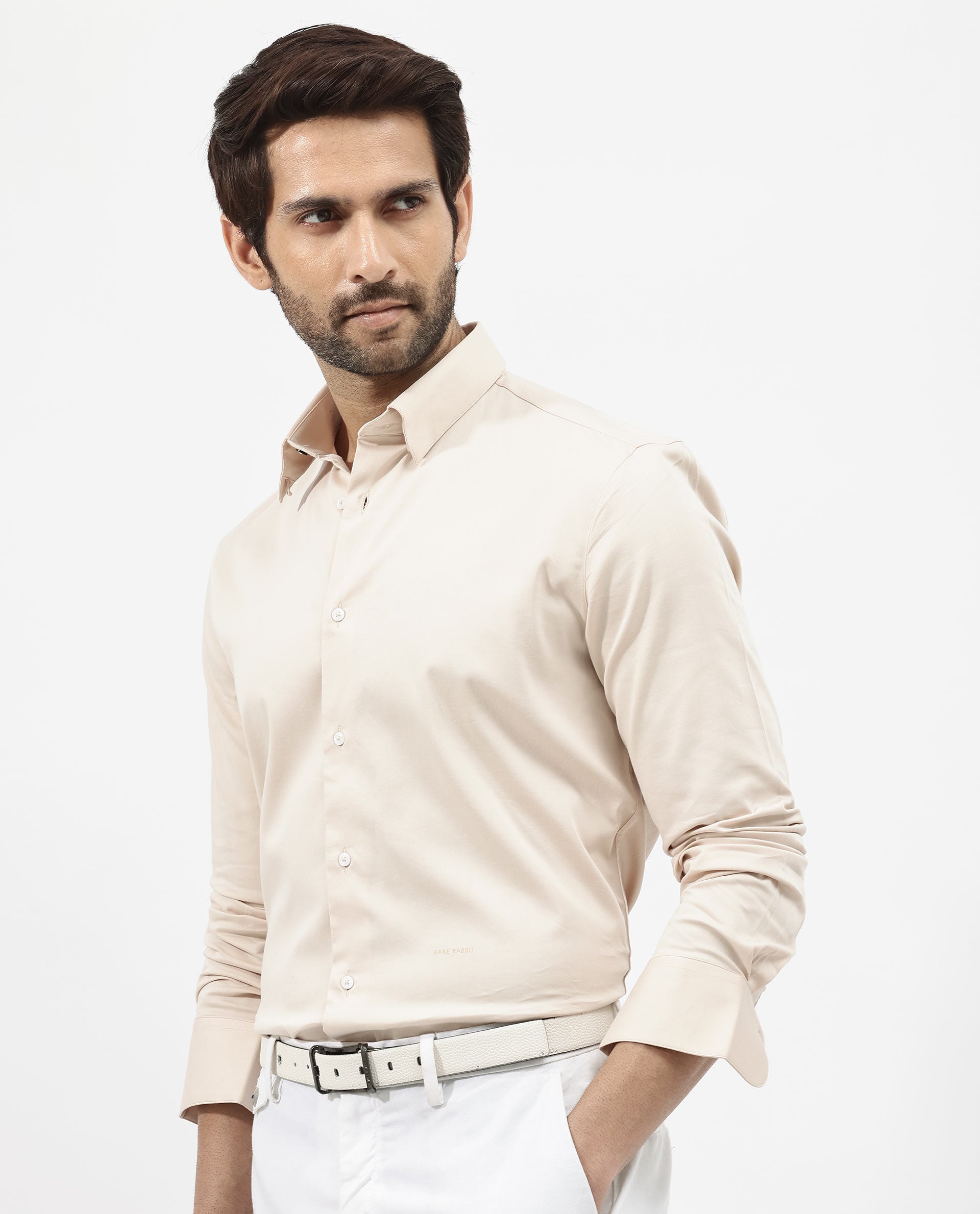 Rare Rabbit Men's Holand Light Beige Satin Fabric Full Sleeves Solid Shirt