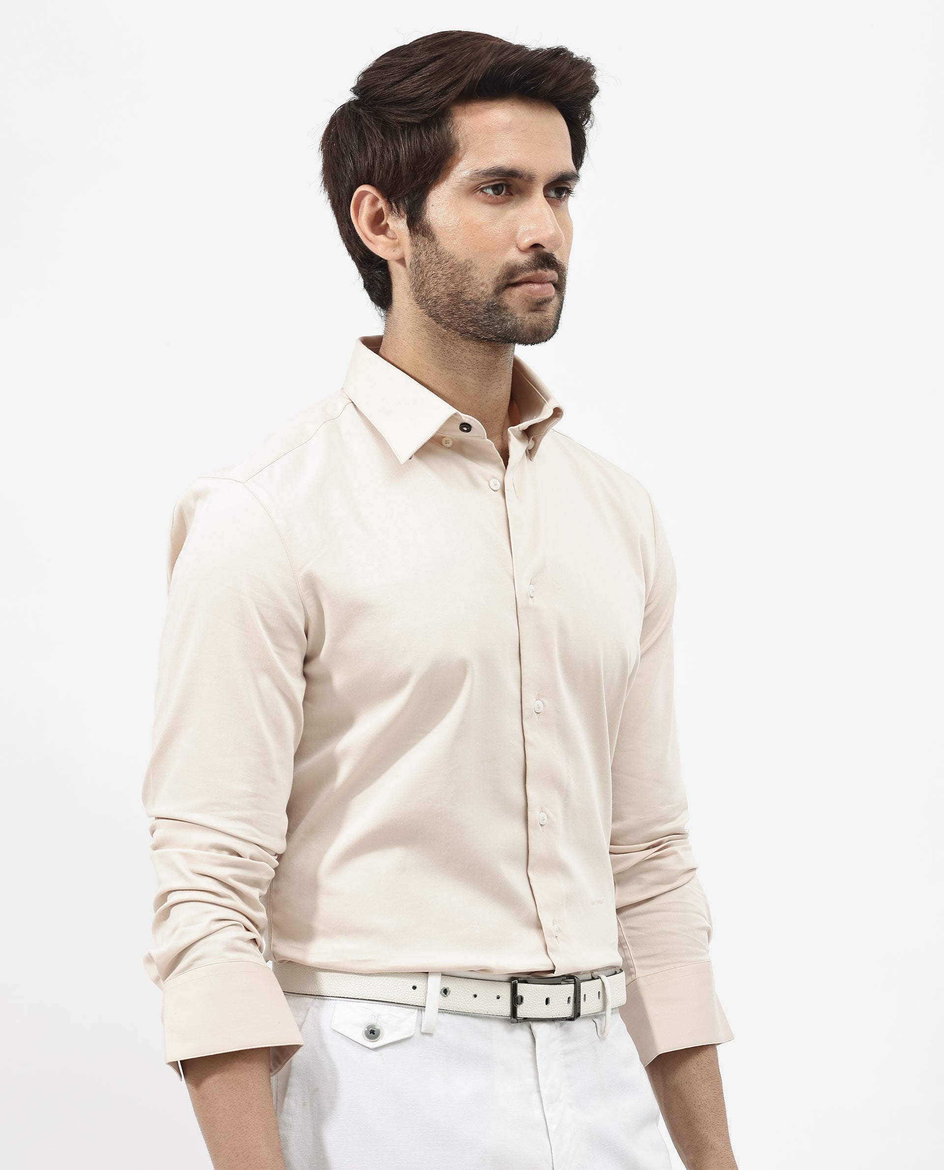 Rare Rabbit Men's Holand Light Beige Satin Fabric Full Sleeves Solid Shirt