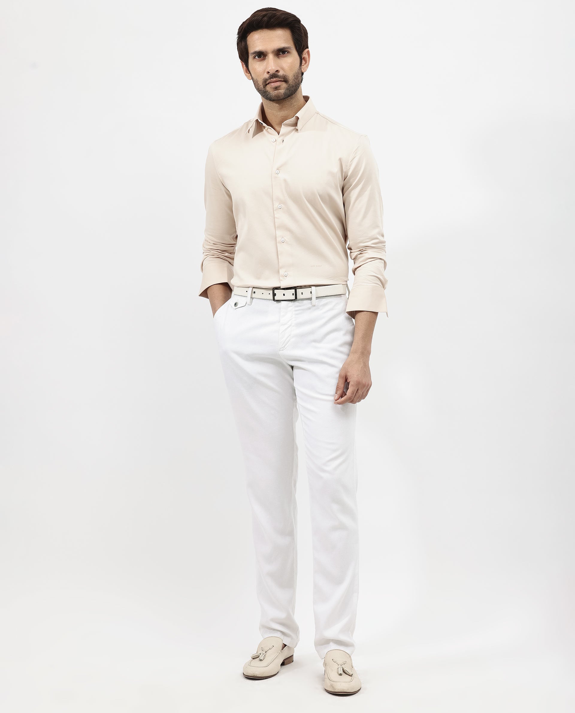 Rare Rabbit Men's Holand Light Beige Satin Fabric Full Sleeves Solid Shirt