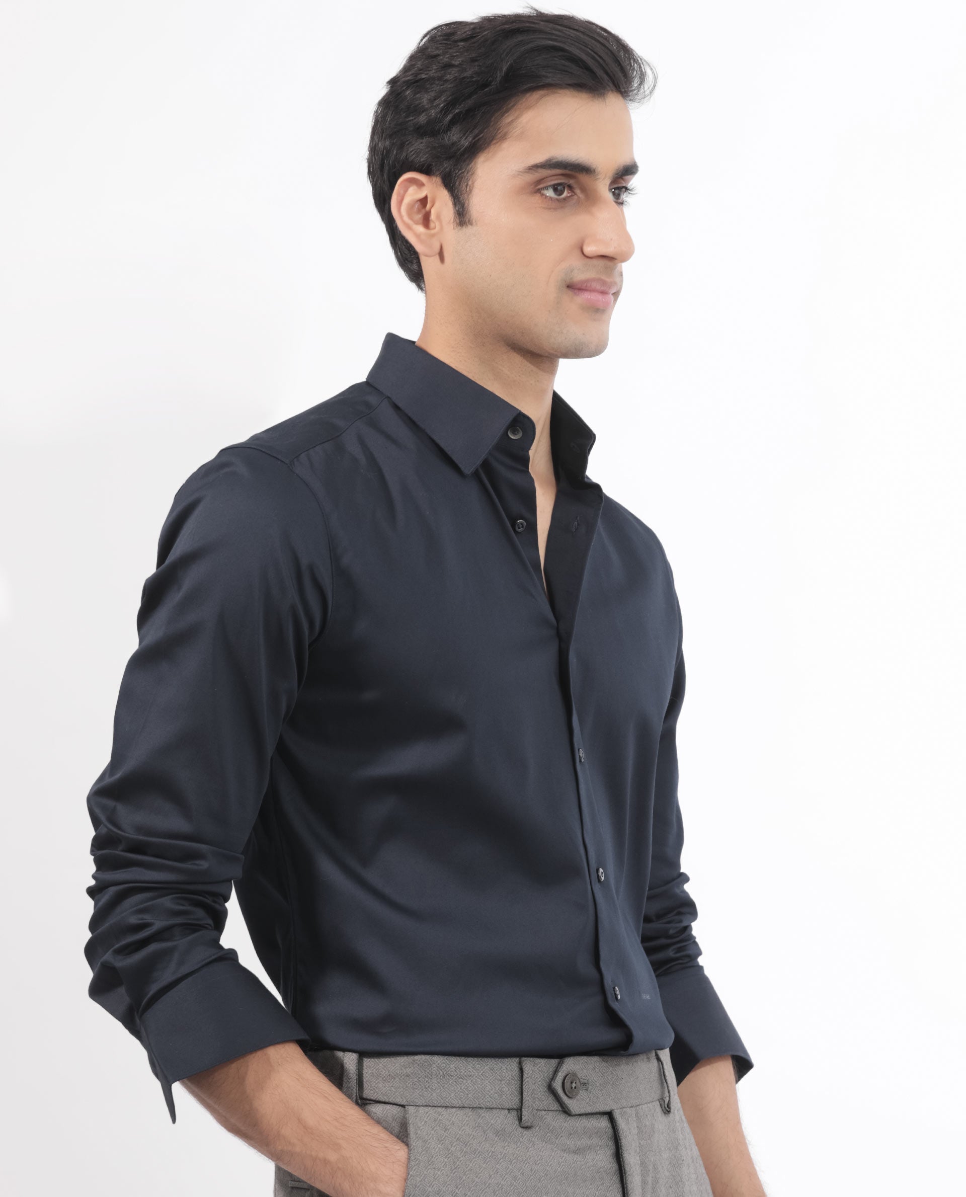 Rare Rabbit Men's Holand Navy Satin Fabric Full Sleeves Solid Shirt