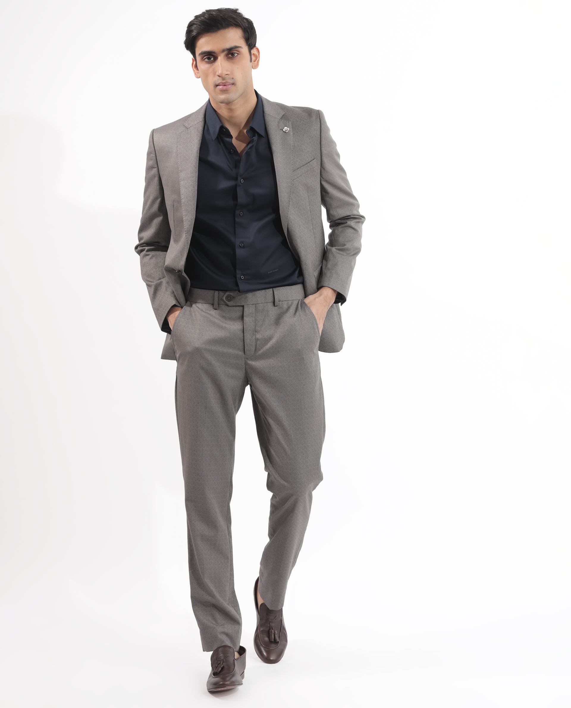 Rare Rabbit Men's Holand Navy Satin Fabric Full Sleeves Solid Shirt