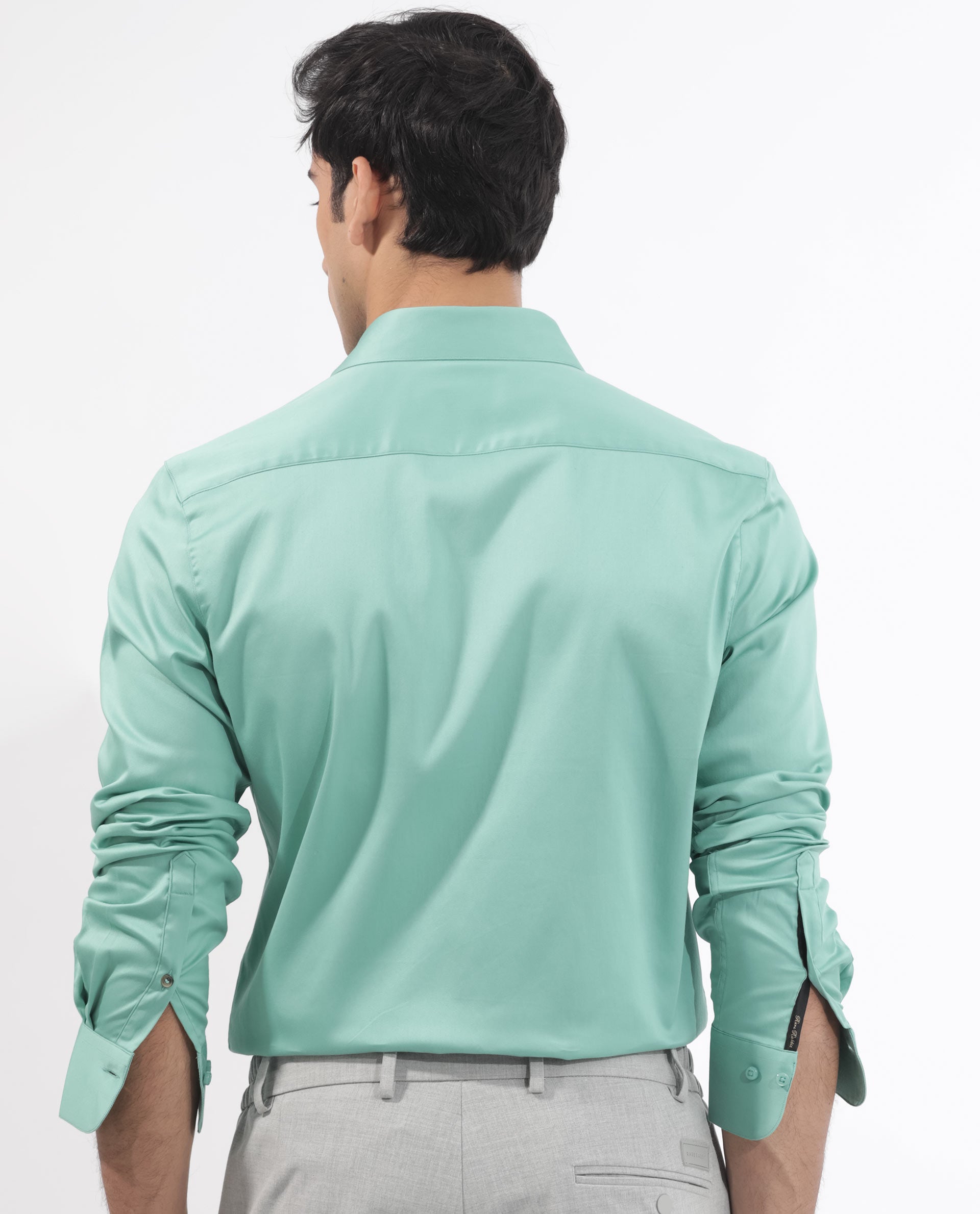 Rare Rabbit Men's Holand Pastel Green Satin Fabric Full Sleeves Solid Shirt