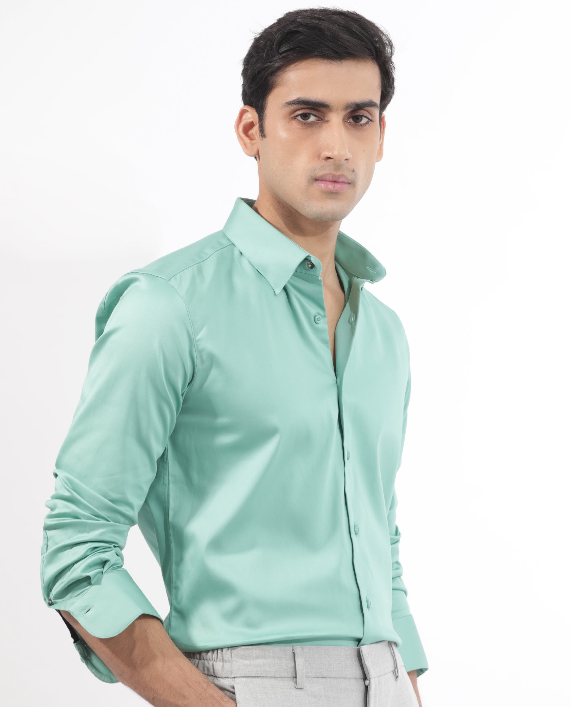 Rare Rabbit Men's Holand Pastel Green Satin Fabric Full Sleeves Solid Shirt