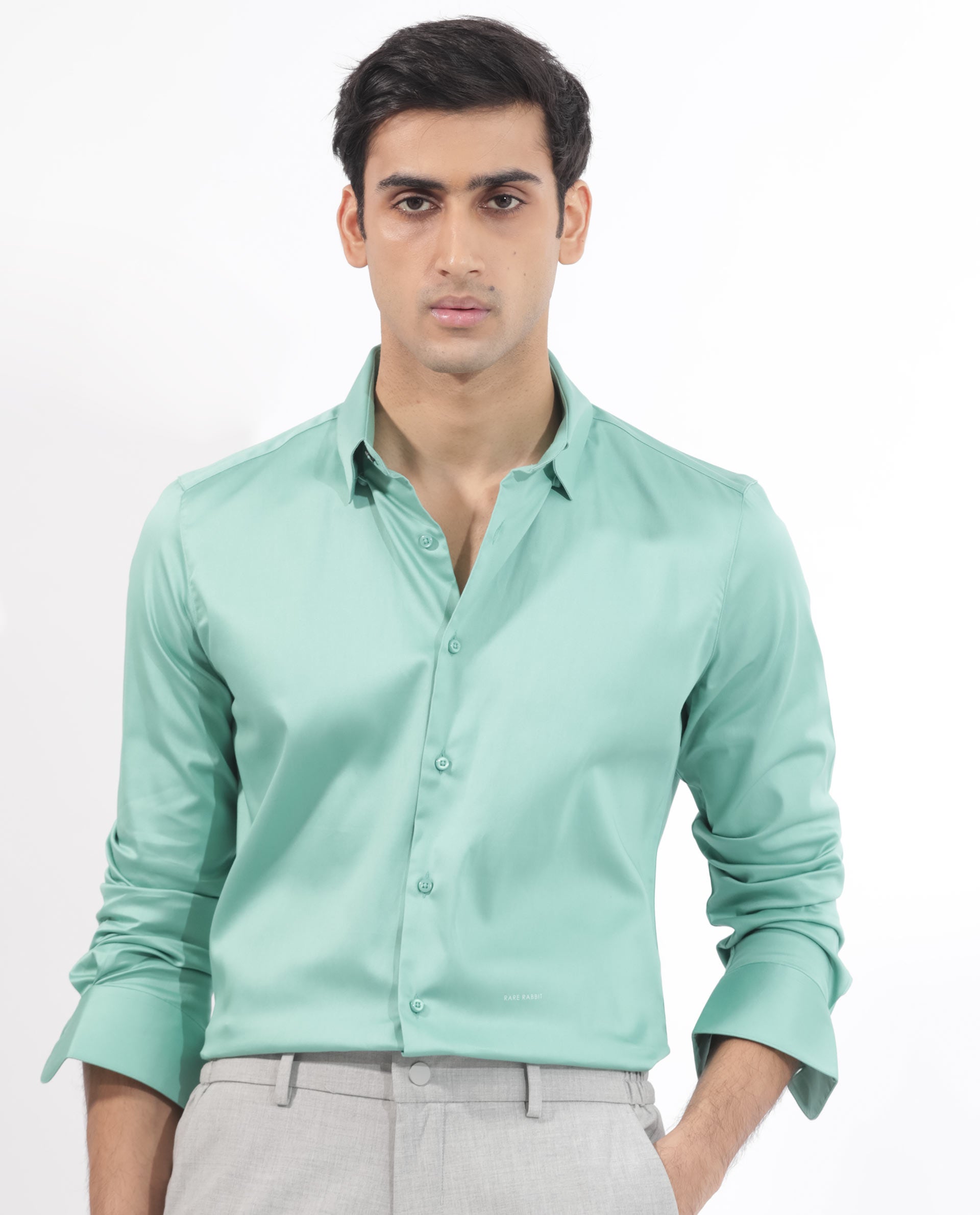 Rare Rabbit Men's Holand Pastel Green Satin Fabric Full Sleeves Solid Shirt