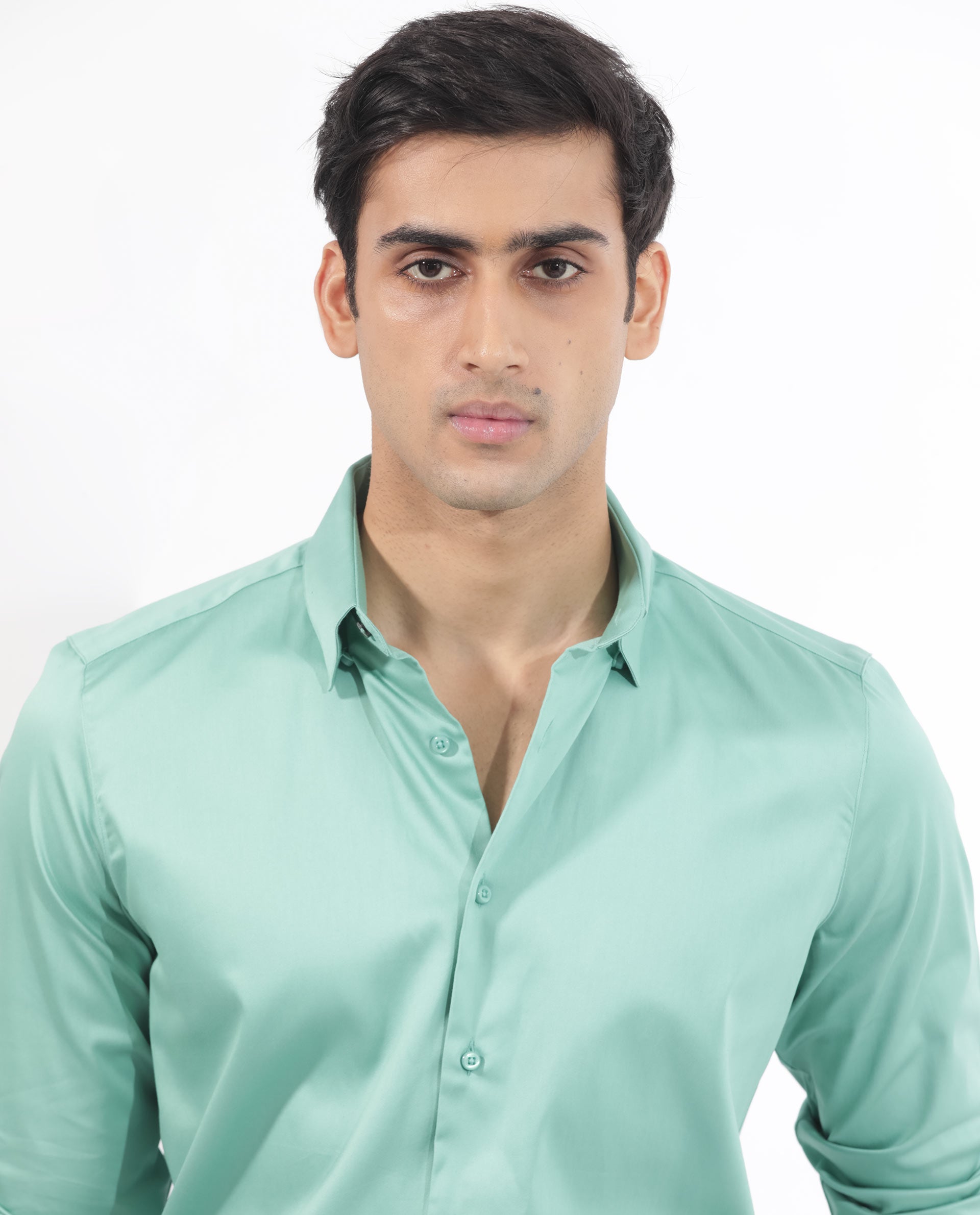 Rare Rabbit Men's Holand Pastel Green Satin Fabric Full Sleeves Solid Shirt
