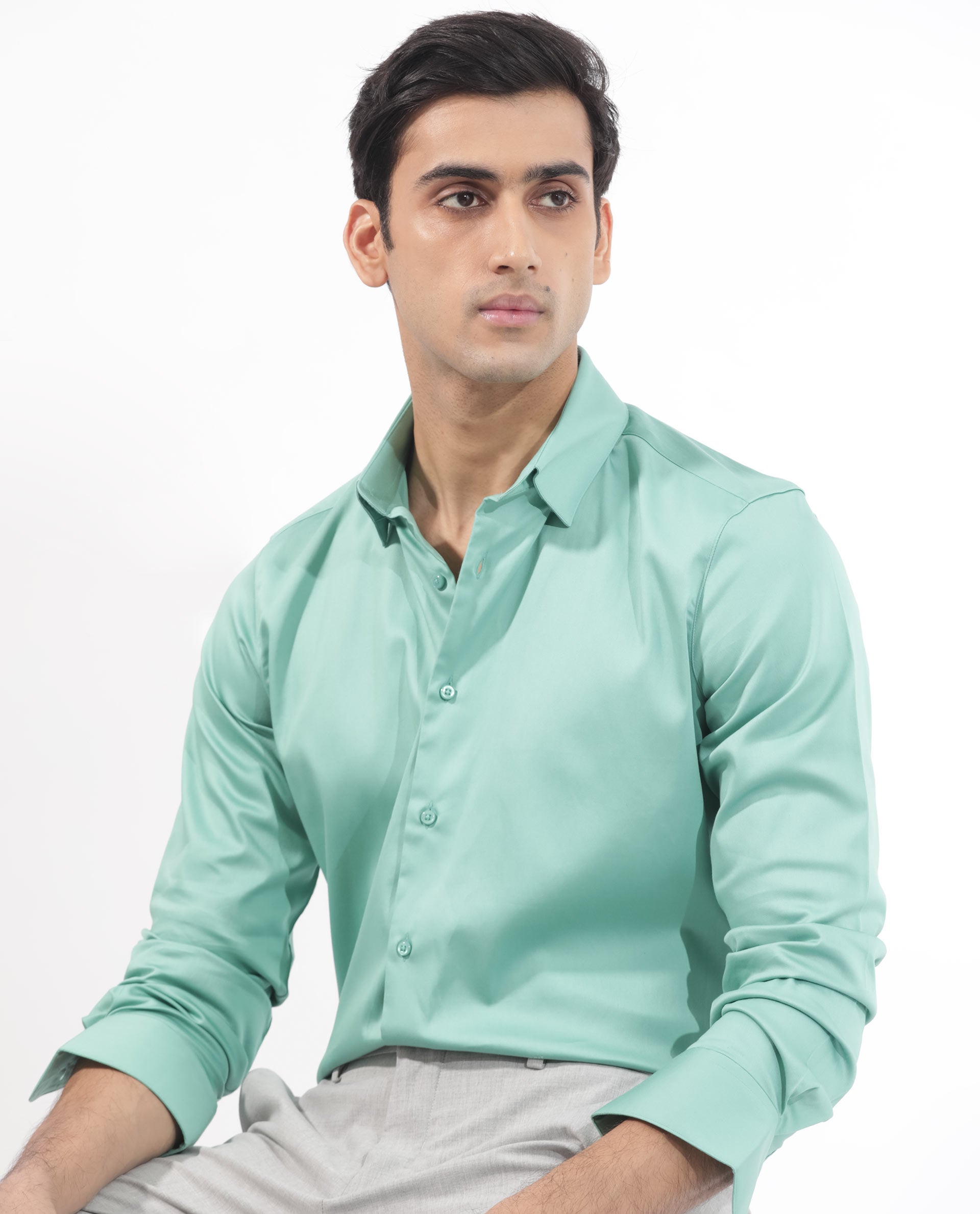 Rare Rabbit Men's Holand Pastel Green Satin Fabric Full Sleeves Solid Shirt