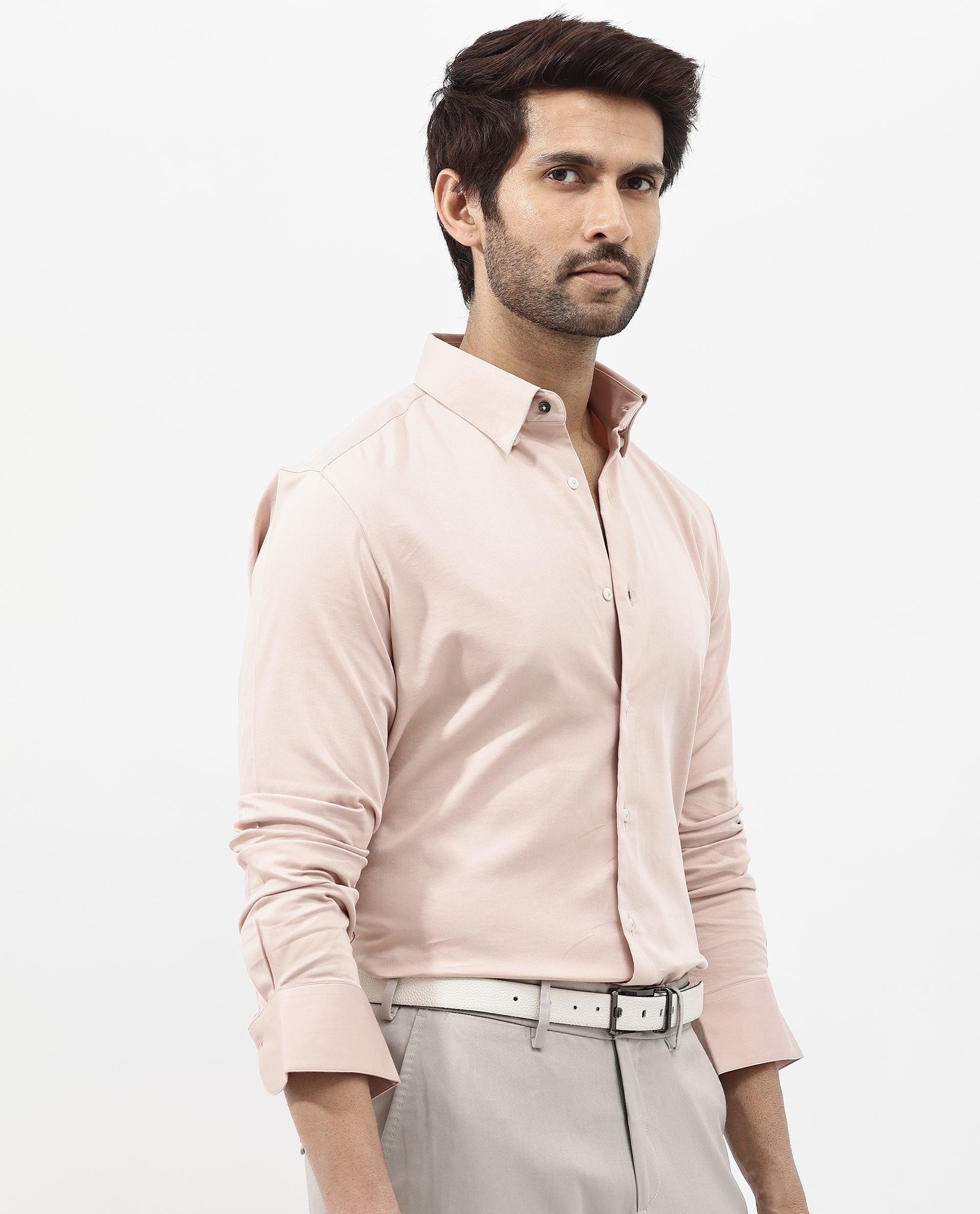 Rare Rabbit Men's Holand Pastel Pink Satin Fabric Full Sleeves Solid Shirt