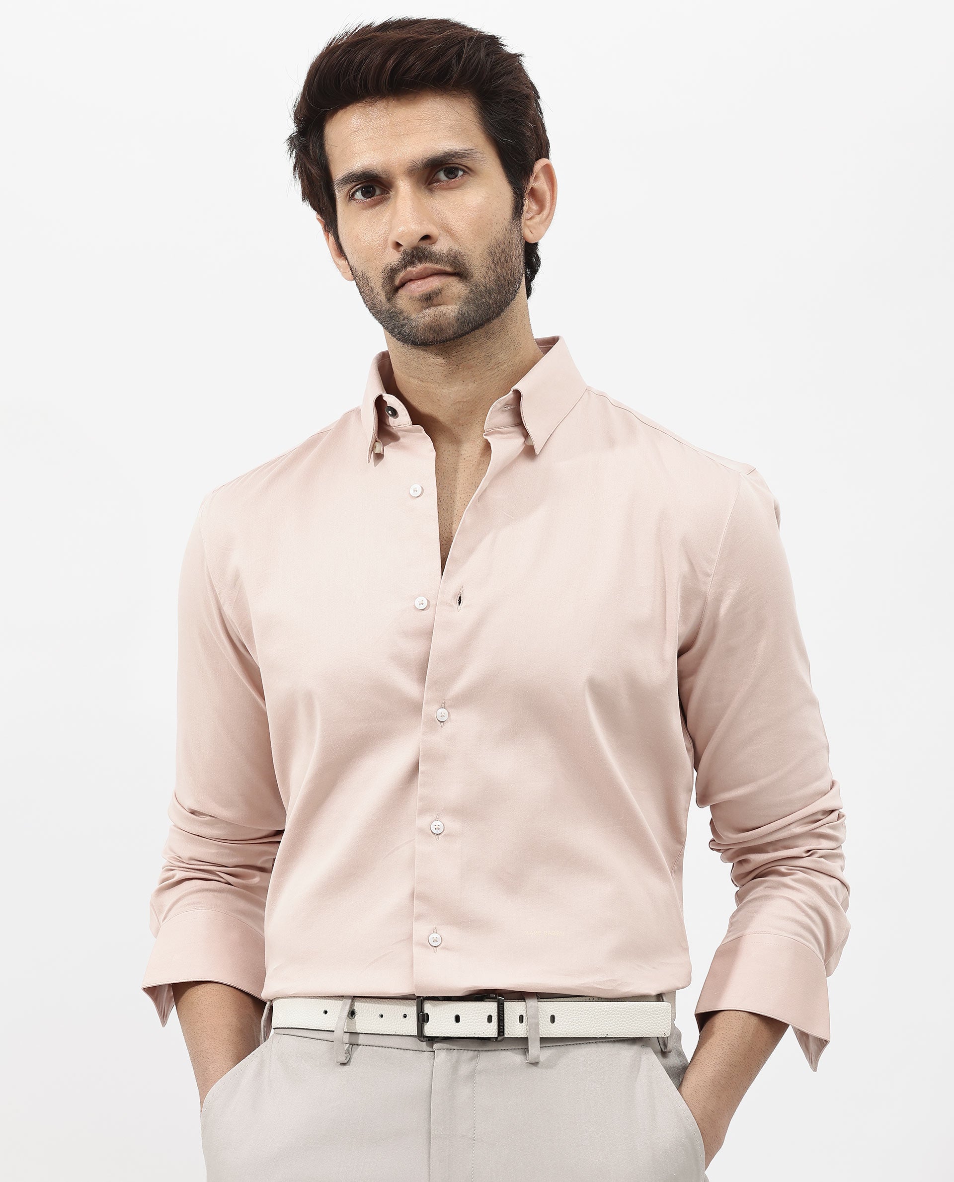 Rare Rabbit Men's Holand Pastel Pink Satin Fabric Full Sleeves Solid Shirt