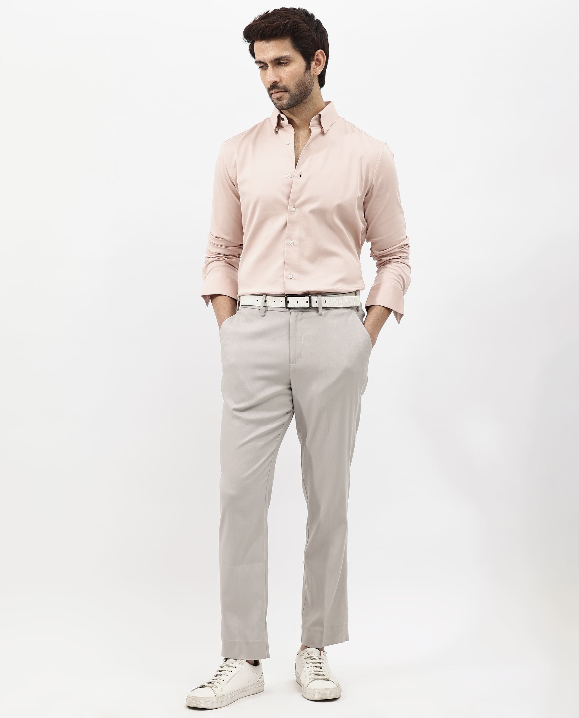 Rare Rabbit Men's Holand Pastel Pink Satin Fabric Full Sleeves Solid Shirt