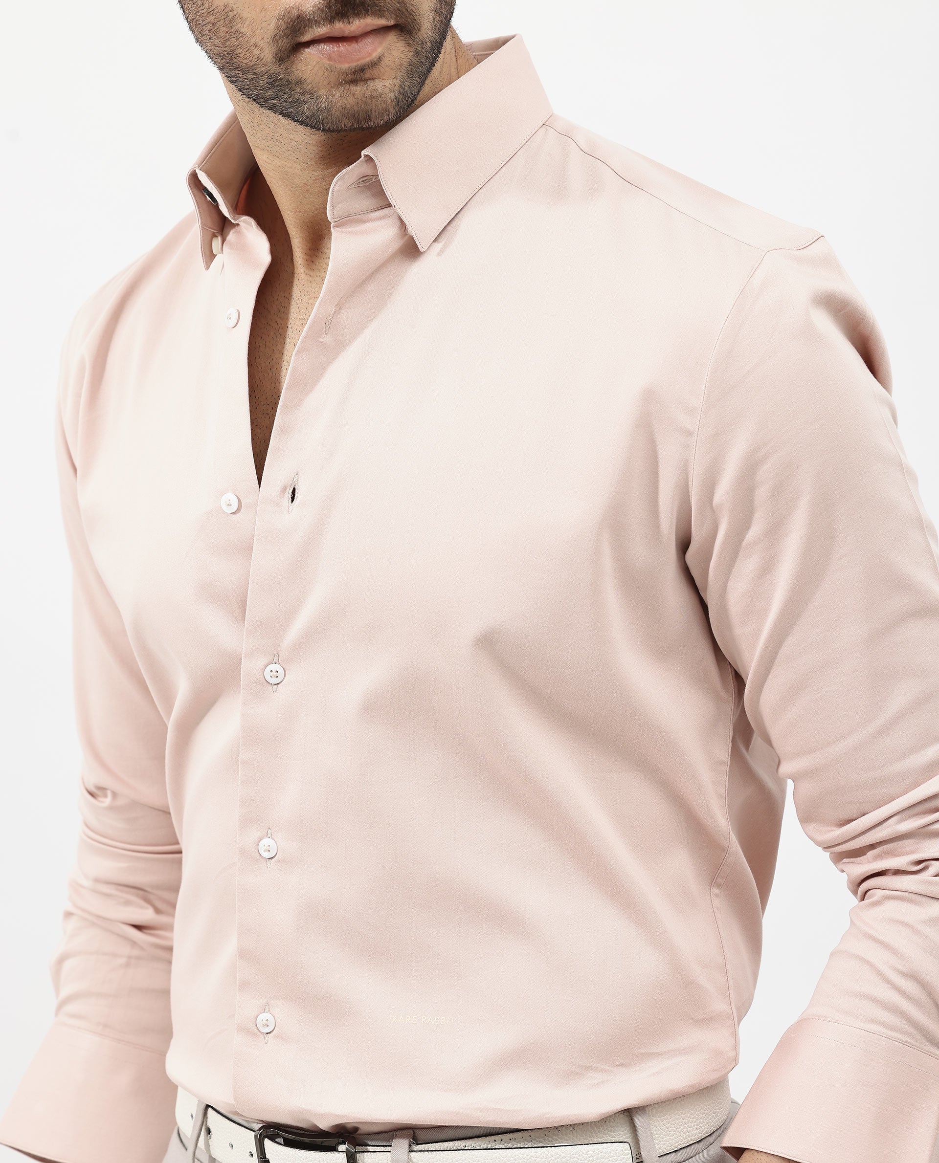 Rare Rabbit Men's Holand Pastel Pink Satin Fabric Full Sleeves Solid Shirt