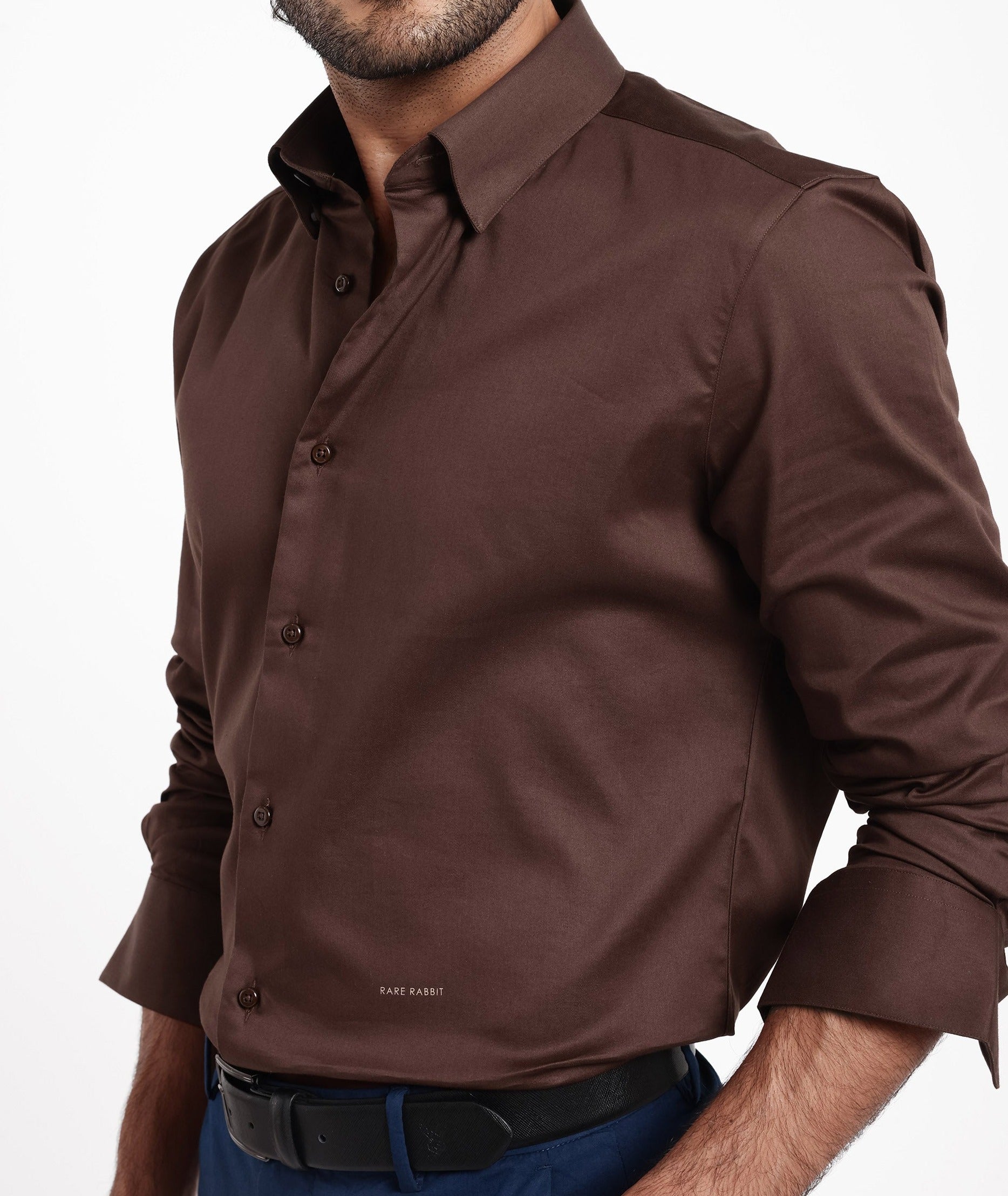 Rare Rabbit Men's Holand Rust Satin Fabric Full Sleeves Solid Shirt